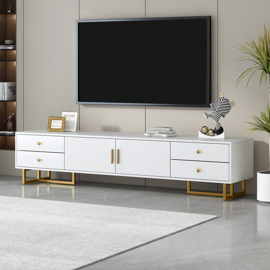 Tv Stand For 65 Inch Tv, Entertainment Center Tv Media Console Table, Modern Tv Stand With Storage, Tv Console Cabinet Furniture For Living Room White 70 79 Inches Mdf