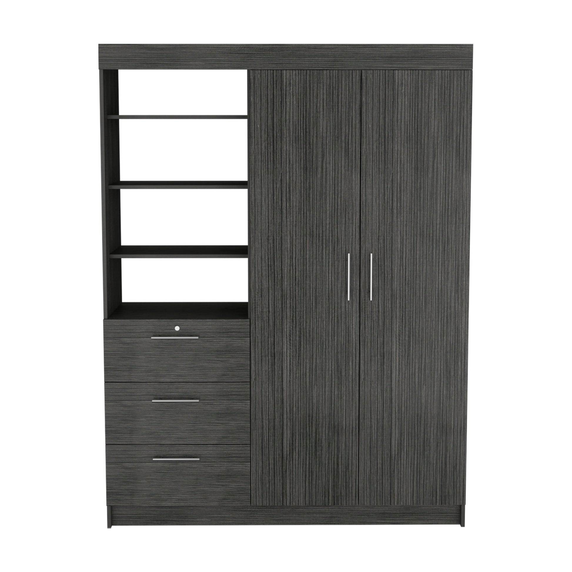 Kenya Armoire With Double Door, Three Drawers, 3 Tier Shelf And Double Hanging Rod Smokey Oak Smoke Grey Bedroom Modern Particle Board