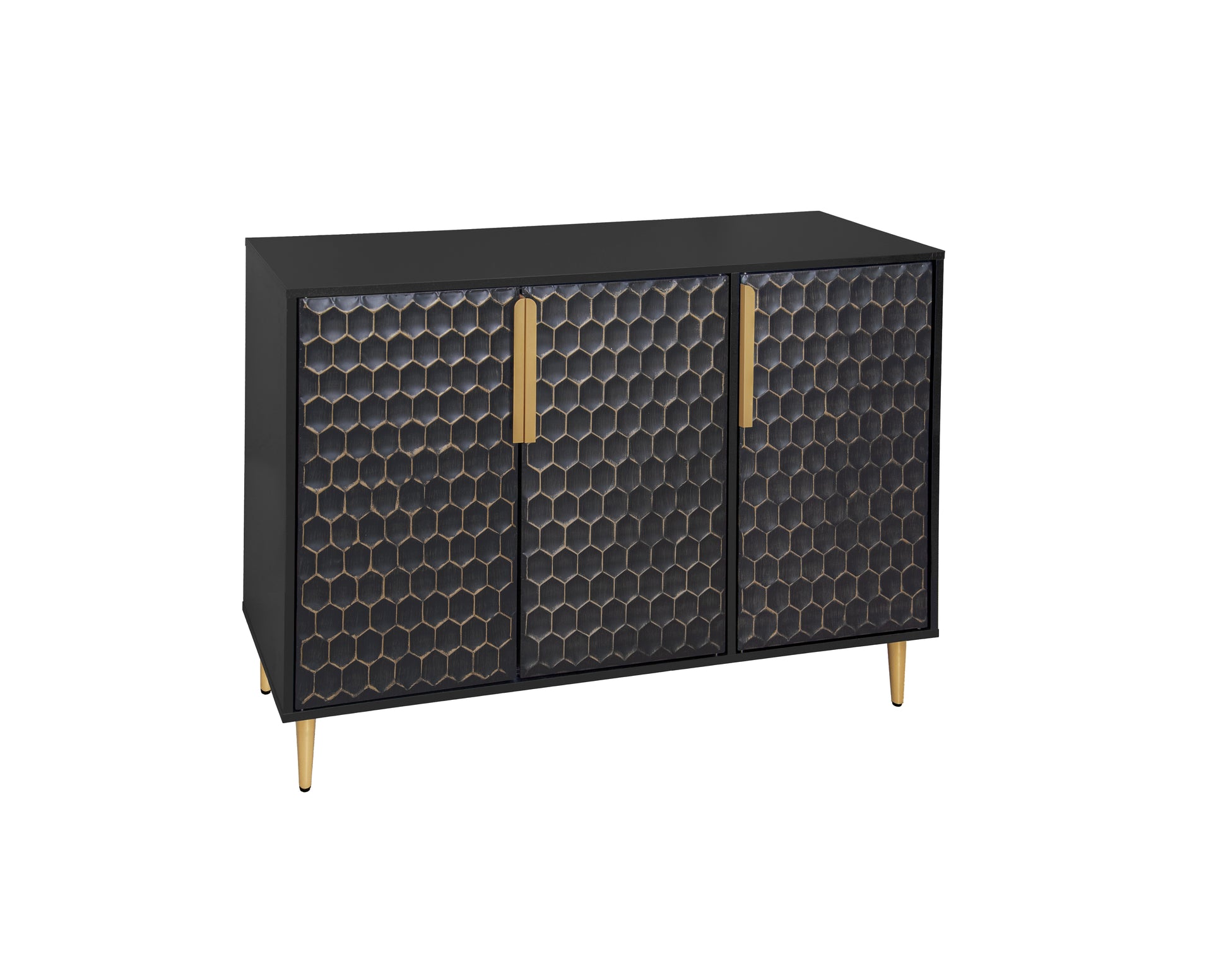 3 Door Storage Cabinet,Buffeet Sideboard With Adjustable Shelves,Honeycomb Seamless Hexagons Pattern Metal Door For Living Room,Dinging Room,Kitchen,Entrance Black Modern Iron,Particle Board Mdf