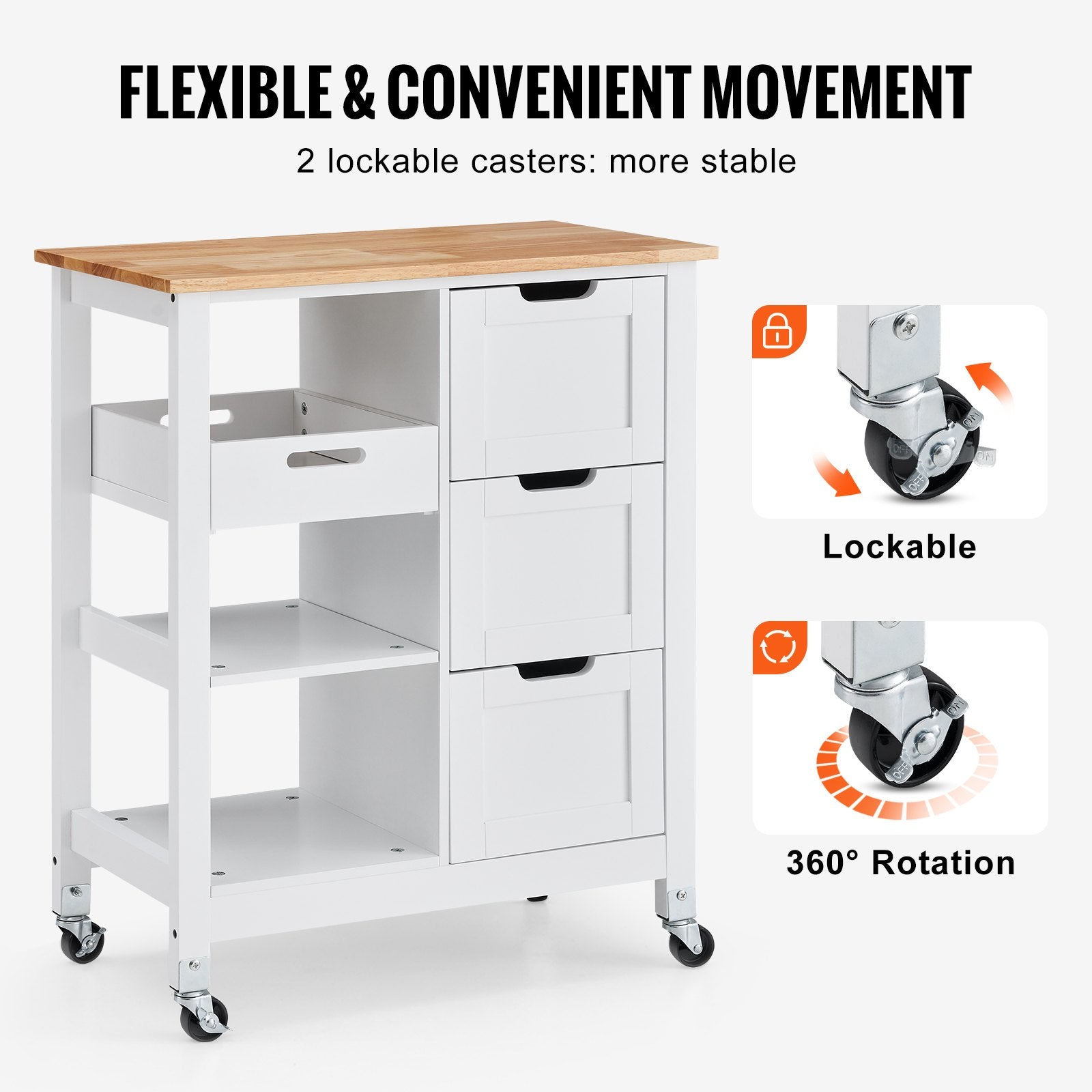 Rolling Portable Small Kitchen Island Cart On Wheels With Solid Wood Top, Dining Room Serving Utility Carts Mobile Movable With 3 Drawers And Storage Shelves Cabinet, White White White Dining Room American Design Rectangular Kitchen Island Sets Mdf Small