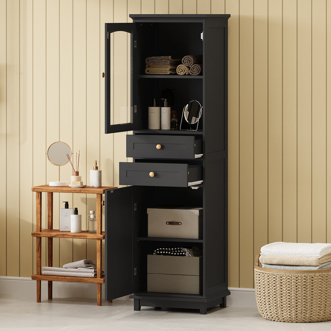 Tall Bathroom Storage Cabinet With Glass Doors, Free Standing, Two Drawers, And Adjustable Shelves, Mdf Board, Painted Black Perfect For Displaying Your Favorite Items 2 Black 2 4 Adjustable Shelves Bathroom Freestanding Partice Board Mdf Pine Wood