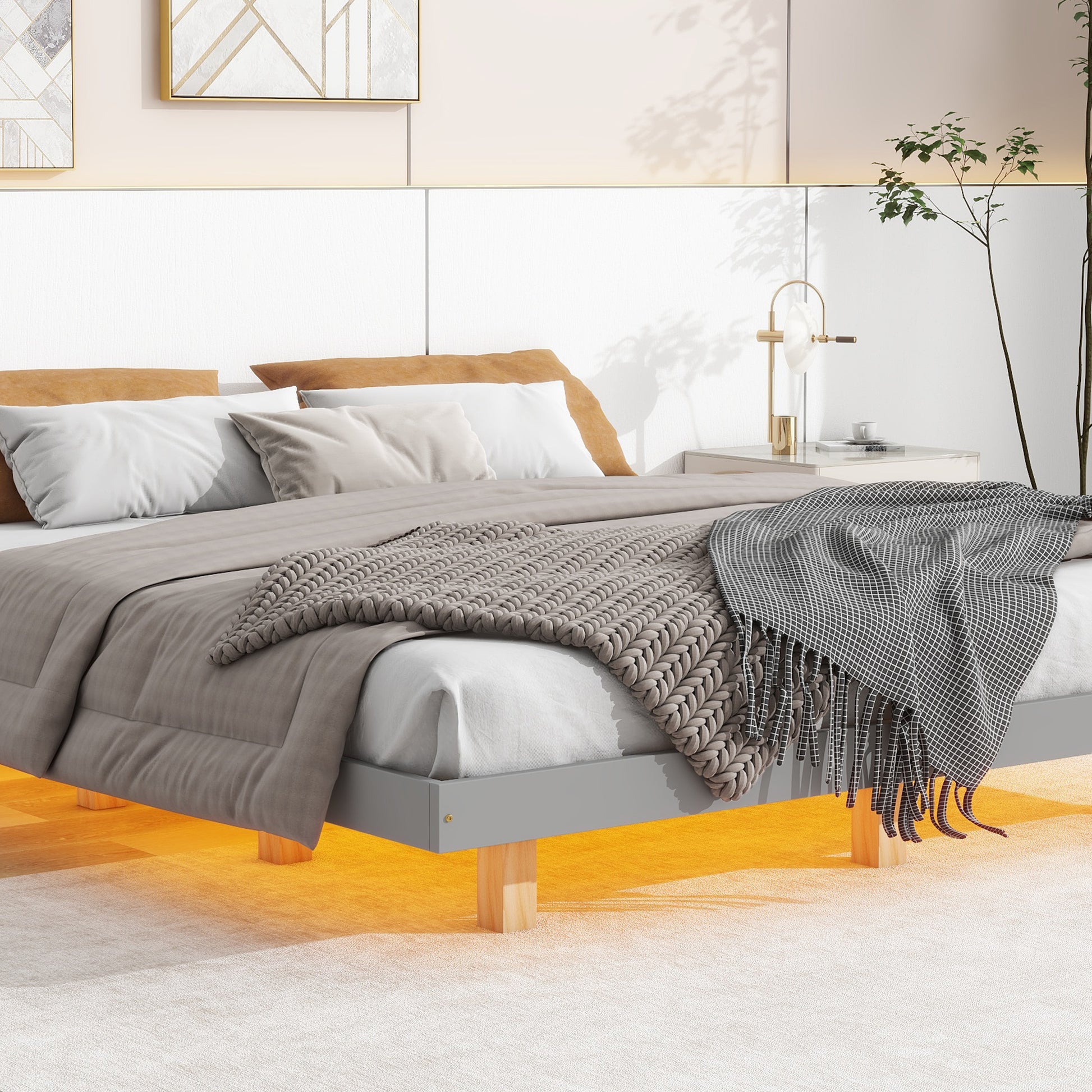 King Size Floating Bed With Led Lights Underneath,Modern King Size Low Profile Platform Bed With Led Lights,Grey King Grey Wood Bedroom American Design Pine Bed Frame Pine