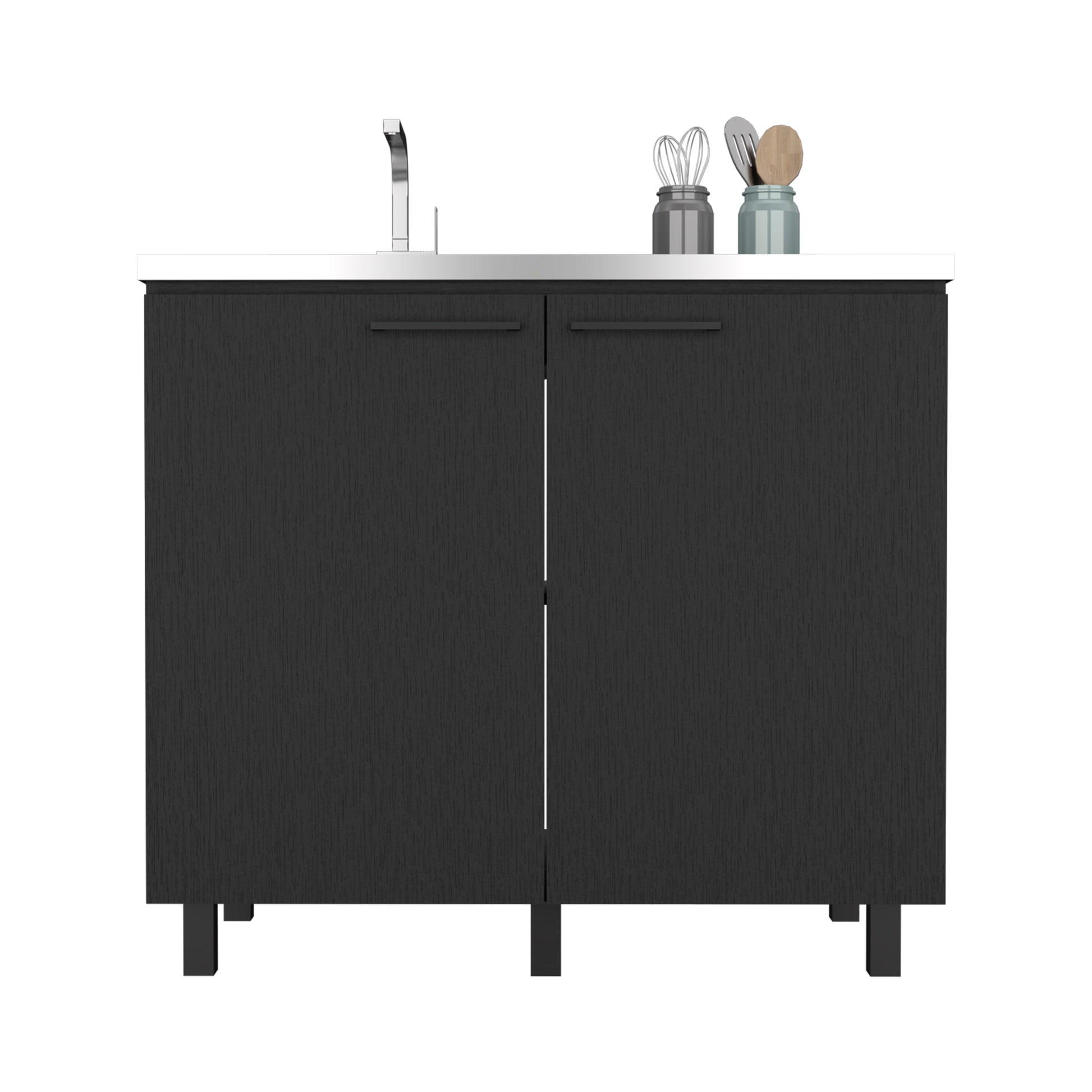2 Freestanding Utility Base Cabinet With Stainless Steel Countertop And 2 Door, Black Black Solid Wood Mdf Engineered Wood