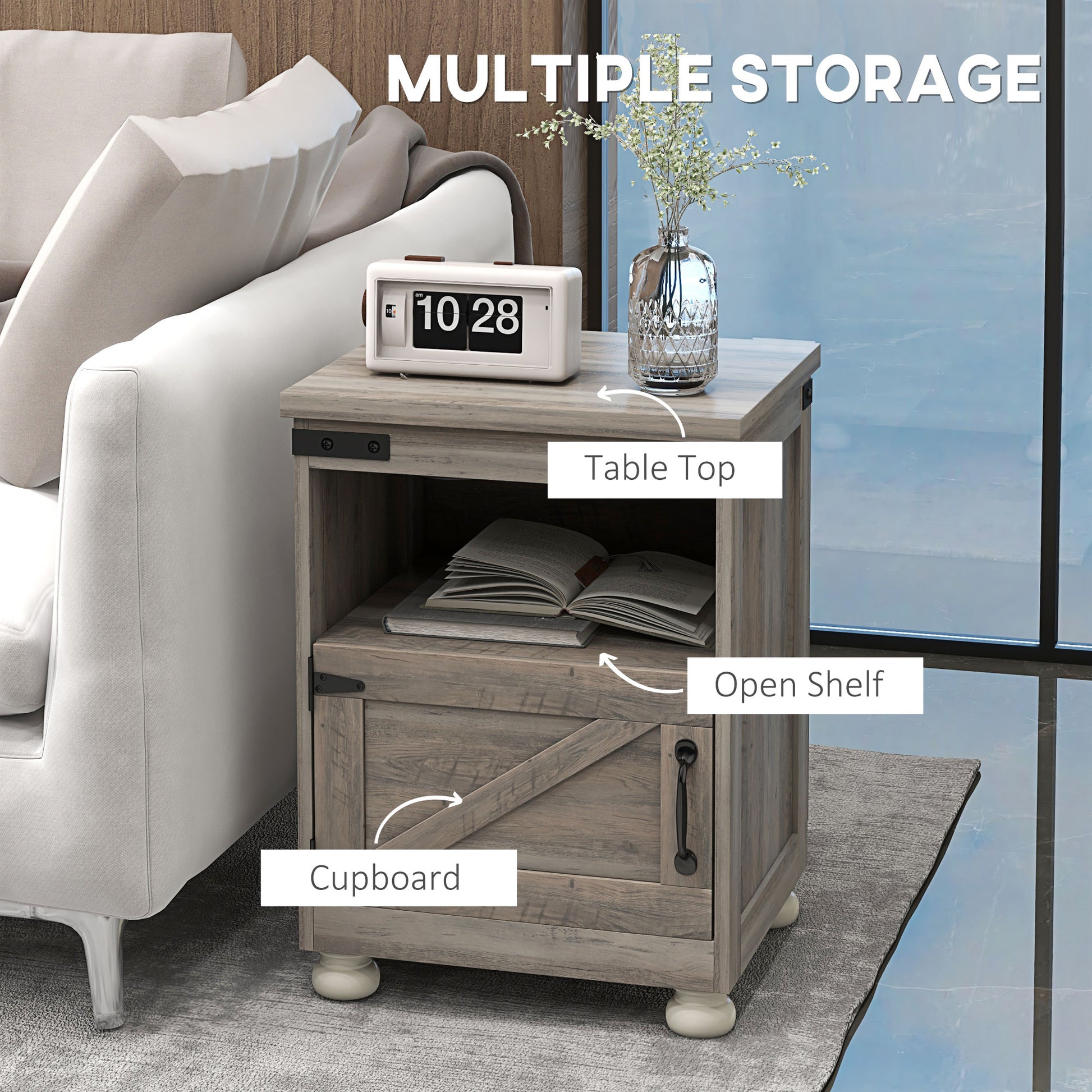 Homcom Small Side Table With Storage, Farmhouse End Table With Open Shelf And Cupboard, Modern Sofa Table With Wood Legs For Living Room, Gray Gray Particle Board