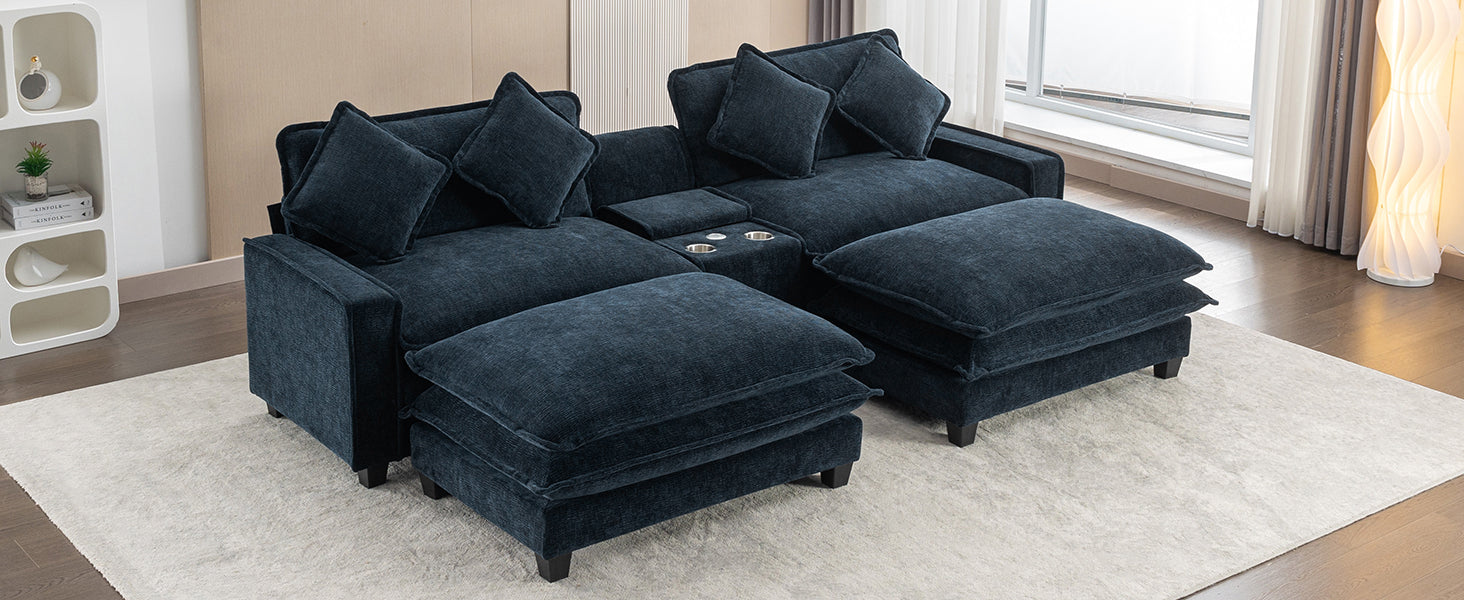 112.6" Sectional Sofa Chenille Upholstered Sofa With Two Removable Ottoman, Two Usb Ports, Two Cup Holders And Large Storage Box For Living Room, Blue Blue Foam Chenille 2 Seat