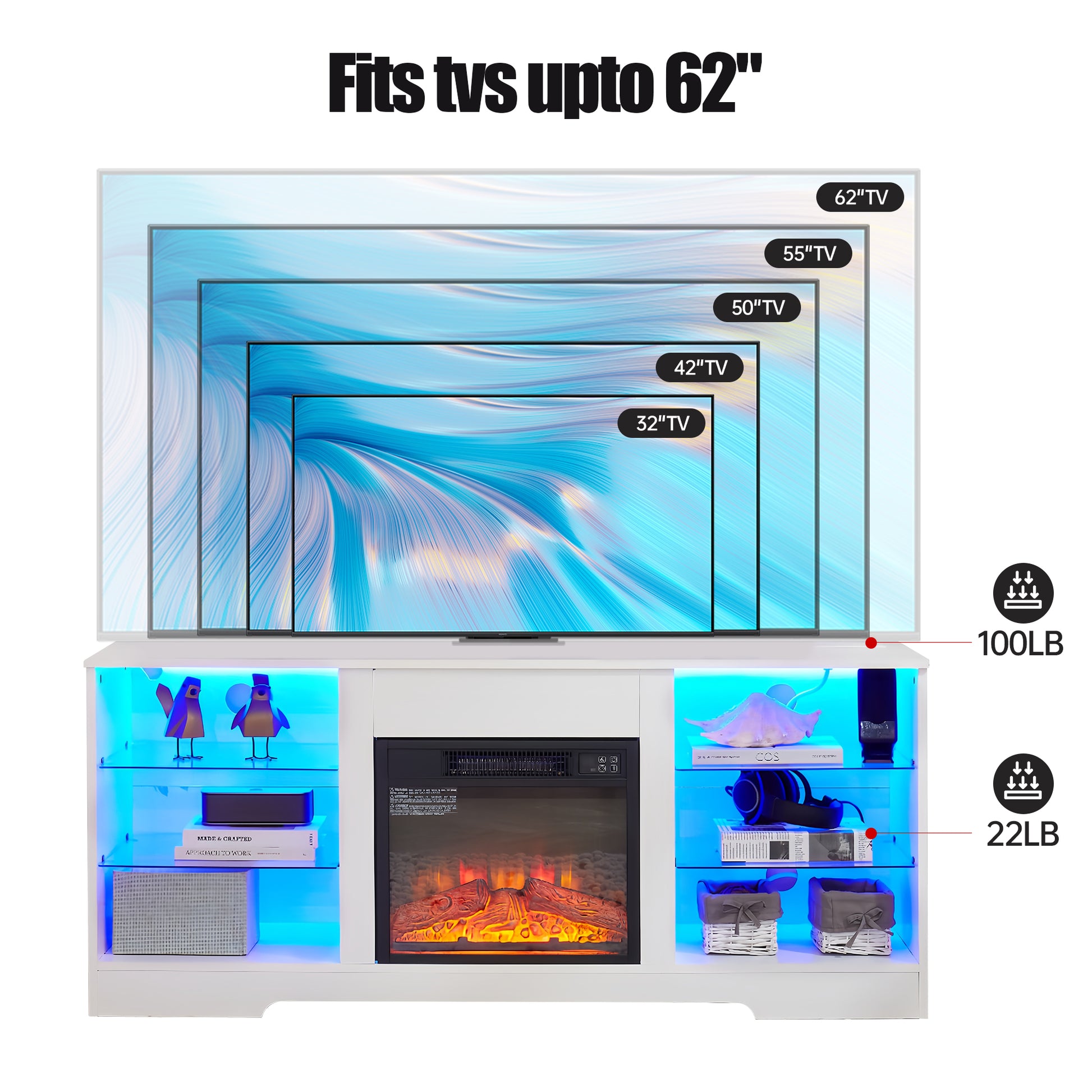 Tv Stand Electric Fireplace Glass Shelves, 3D Fireplace Tv Stand With Led Lights Wood With Usb Charging Outlet Modern Television Table Center For Tv Up To 62" White, 58''W*15.5''D*24.4 White 50 59