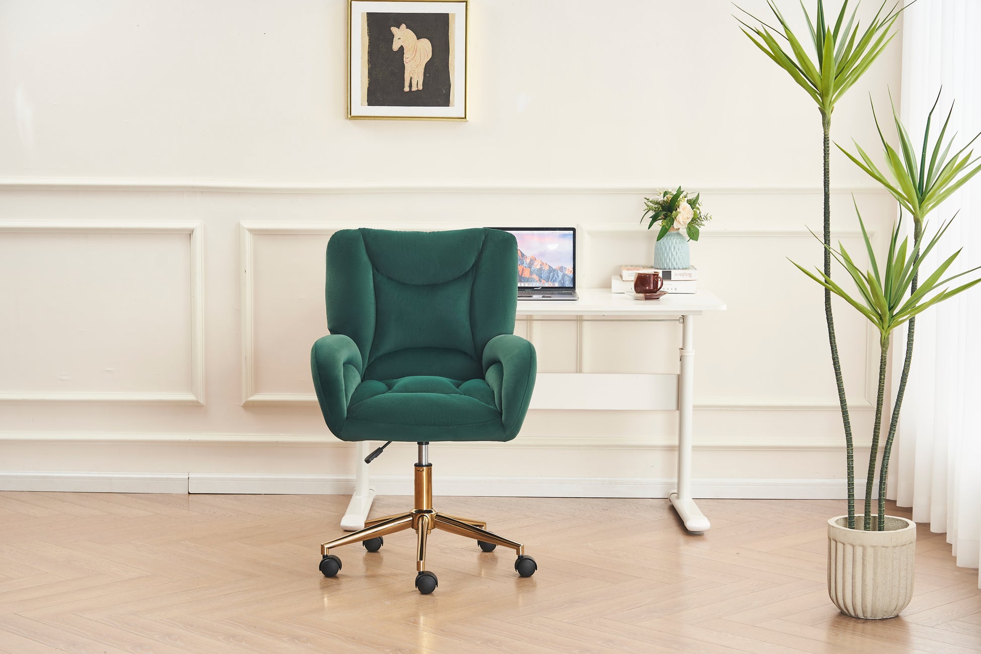 005 Velvet Fabric 360 Swivel Home Office Chair With Gold Metal Base And Universal Wheels,Green Solid Green Office Sponge Wipe Clean Modern Office Chairs Tufted Back Foam Swivel Velvet