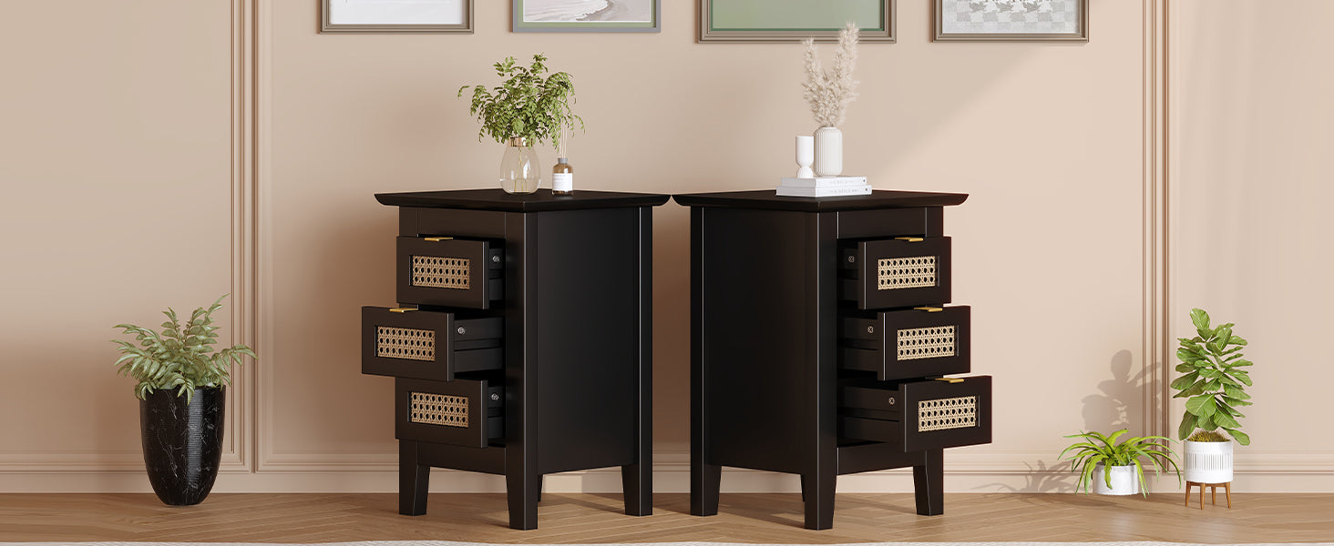 Wooden Nightstands Set Of 2 With Rattan Woven Surfaces And Three Drawers, Exquisite Elegance With Natural Storage Solutions For Bedroom, Black Black Particle Board