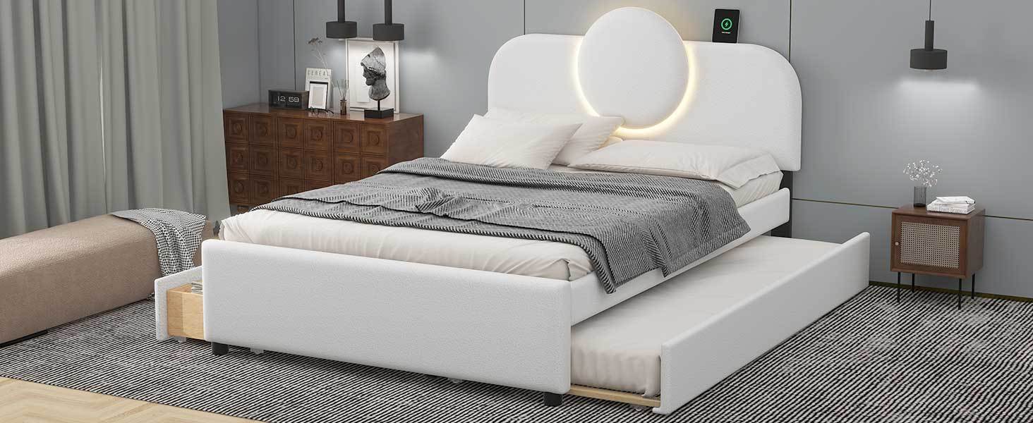 Full Size Upholstered Platform Bed With Multi Functional Headboard, Trundle And 2 Drawers, White Box Spring Not Required Full White Wood Bedroom Upholstered