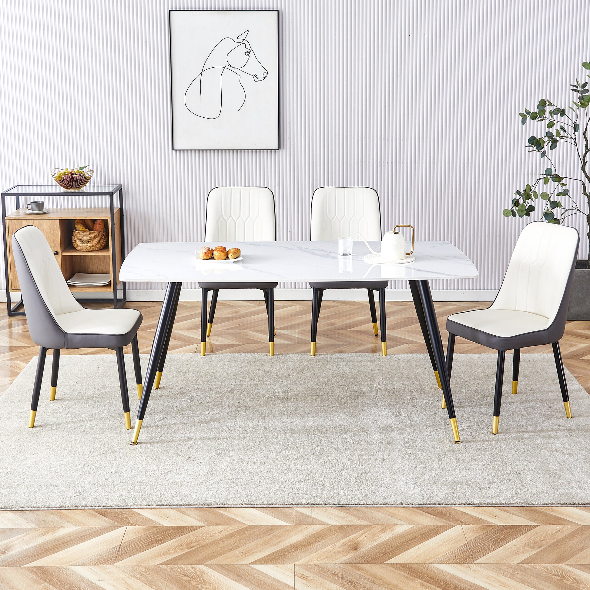 Modern Minimalist Dining Table. White Imitation Marble Pattern Sintered Stone Desktop With Black Metal Legs.Modern Dining Chair With Pu Artificial Leather Backrest Cushion And Black Metal Legs.F 001 Black Gold Sintered Stone