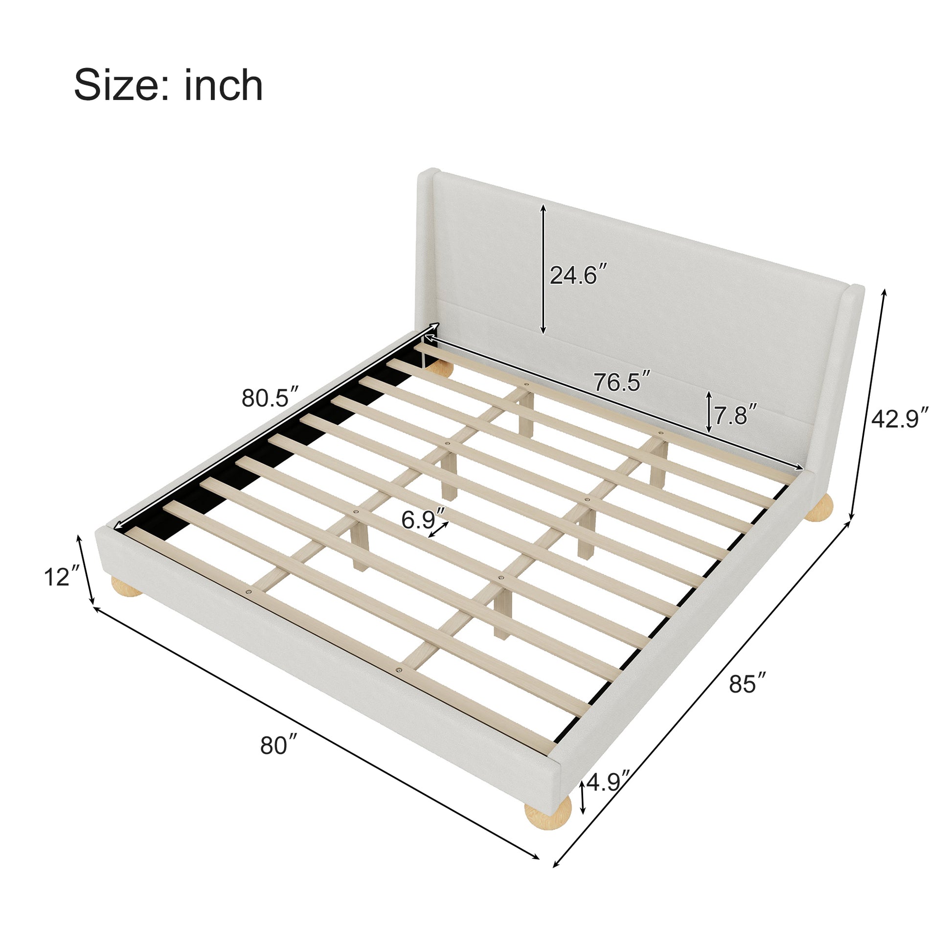 Modern Boucle Upholstered Platform Bed With Wingback Headboard And Round Wooden Legs, Beige,King Size Box Spring Not Required King Beige Wood Bedroom Modern Bed Frame Boucle Wood