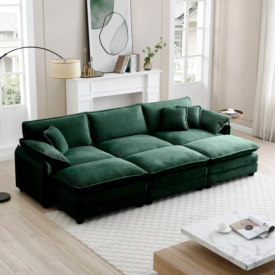 Oversized Modular Cushioned Sofa,With 3 Ottomans To Work As Sleeper Sofa Beds, 3 Seater Sofa With 3 Footstools,Green Corduroy Fabric Green Corduroy 3 Seat