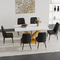 Table And Chair Set.The Table Is Equipped With A Marble Patterned Mdf Tabletop And Gold Table Legs.Paired With 6 Black Chairs With Pu Cushions And Black Metal Legs. Black Gold Seats 6 Mdf Metal