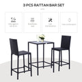 Outsunny 3Pcs Rattan Bar Set With Glass Top Table, 2 Bar Stools For Outdoor, Patio, Garden, Poolside, Backyard Black Aluminum
