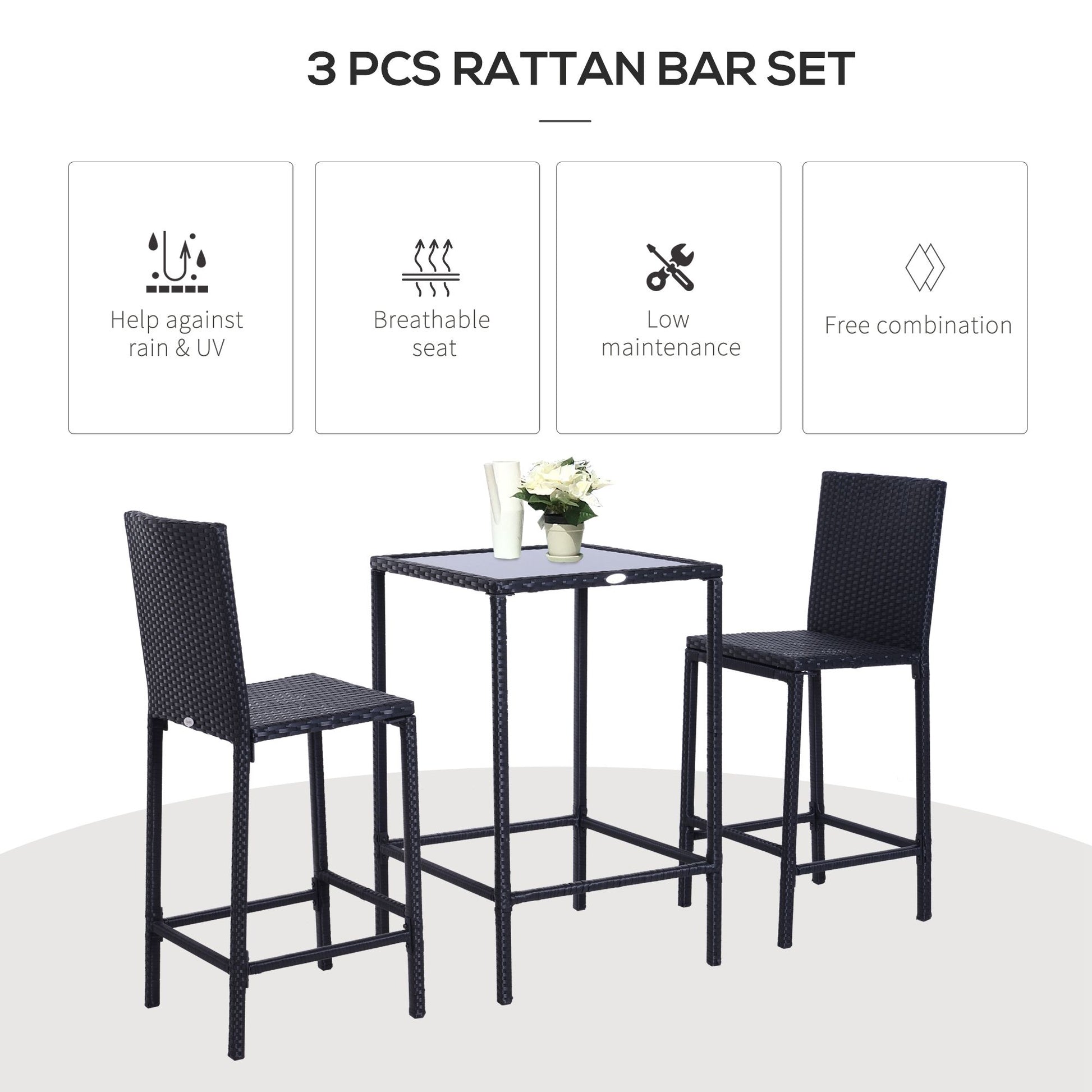 Outsunny 3Pcs Rattan Bar Set With Glass Top Table, 2 Bar Stools For Outdoor, Patio, Garden, Poolside, Backyard Black Aluminum
