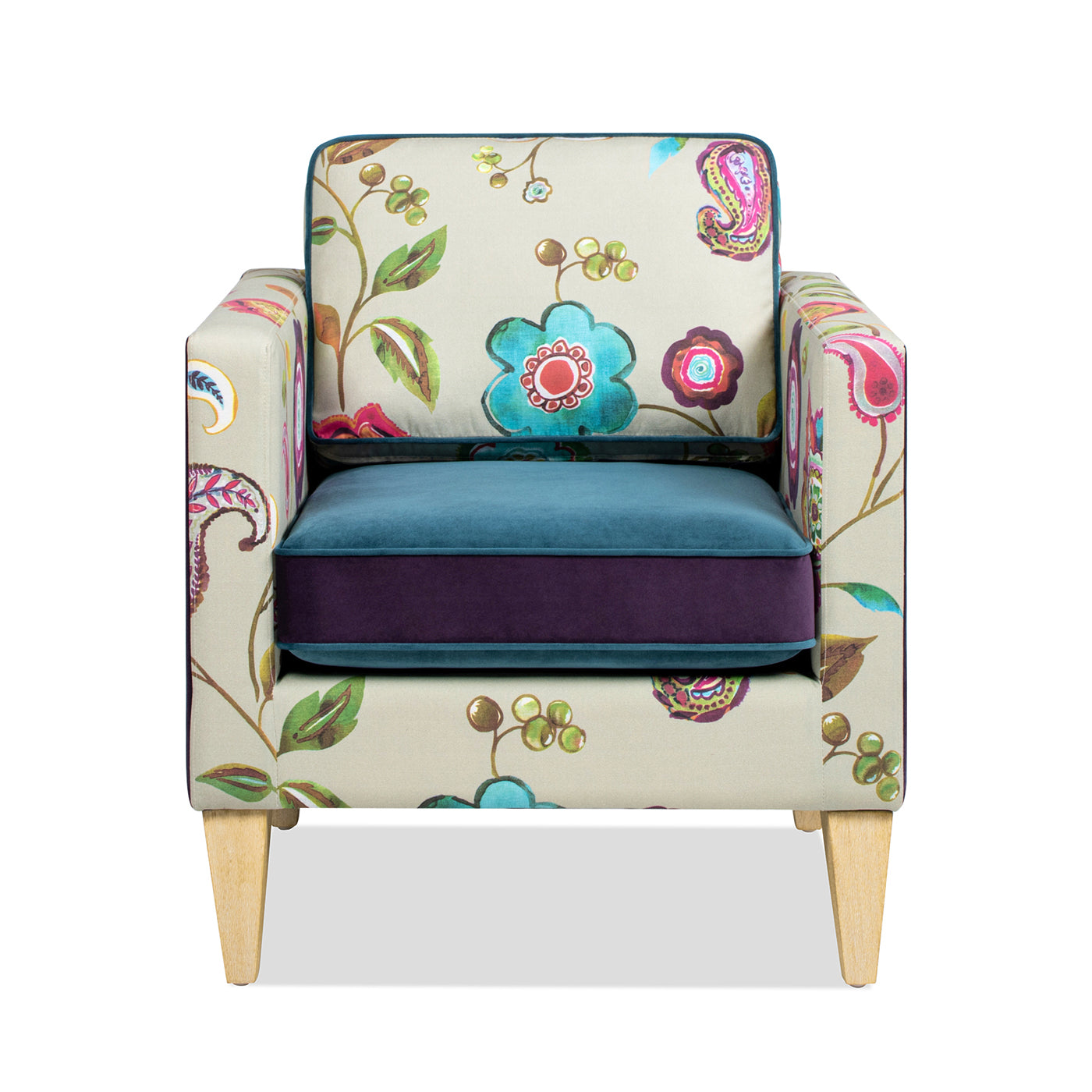 Mamba 28" Patchwork Accent Chair, Teal Blue Purple Velvet & Multicolored Floral Purple Foam Velvet