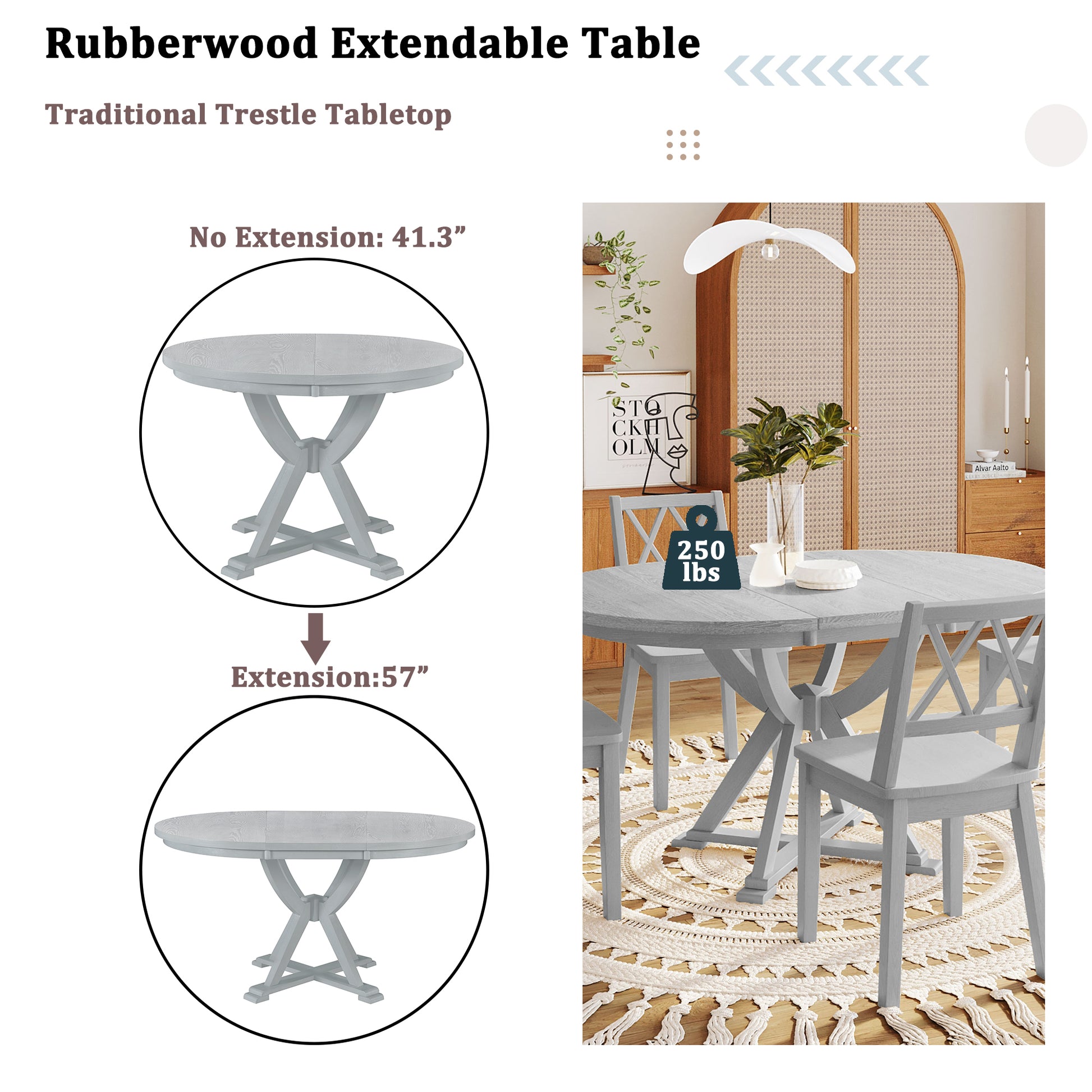 Mid Century 5 Piece Extendable Round Dining Table Set With 15.7" Removable Leaf And 4 Cross Back Dining Chairs, Grey Gray Wood Dining Room Extendable Rubberwood Oval Dining Table With Chair Wood Wood Antique Gray Seats 4 Removable Leaf Mid Century Modern