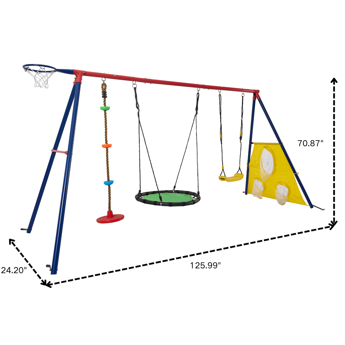 Xns093 Rinbow Colour Interesting Three Swingset With Textilene Swing And Tree Swing Disc Metal Plastic Safe Swing Seat 550Lbs For Outdoor Playground For Age 3 Blue Green Steel