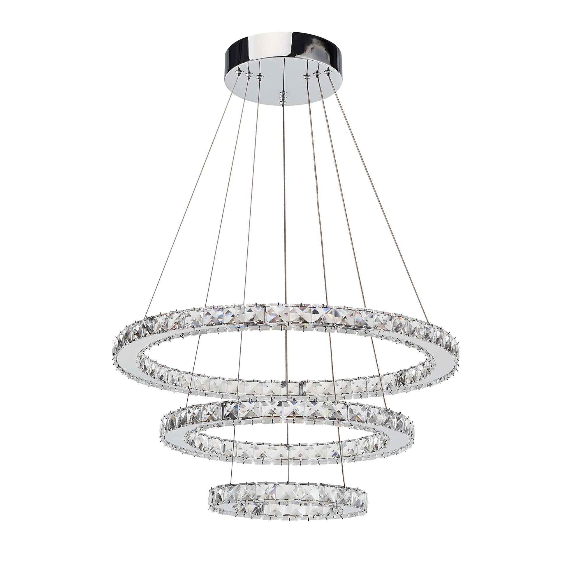 3 Layers Round Ring Chandelier, Iron Stainless Steel Crystal Chrome Color 4000K Natural White Lighting Fixtures, 60W Led Pendant Light For Living Room Dining Room Chrome Ceiling Lights 3100K 4200K