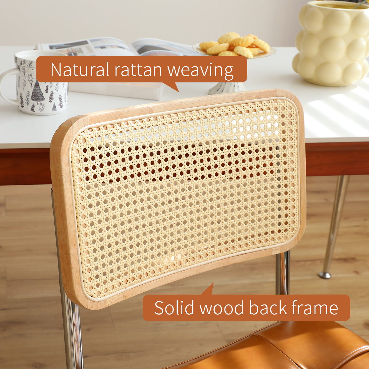 Dining Chairs Set Of 2, Fauex Leather Rattan Side Accent Chairs With Chrome Legs, Modern Mid Century Breuer Designed Chairs, Upholstered Dining Living Room Kitchen Chairs Brown 2Pcs Brown Faux