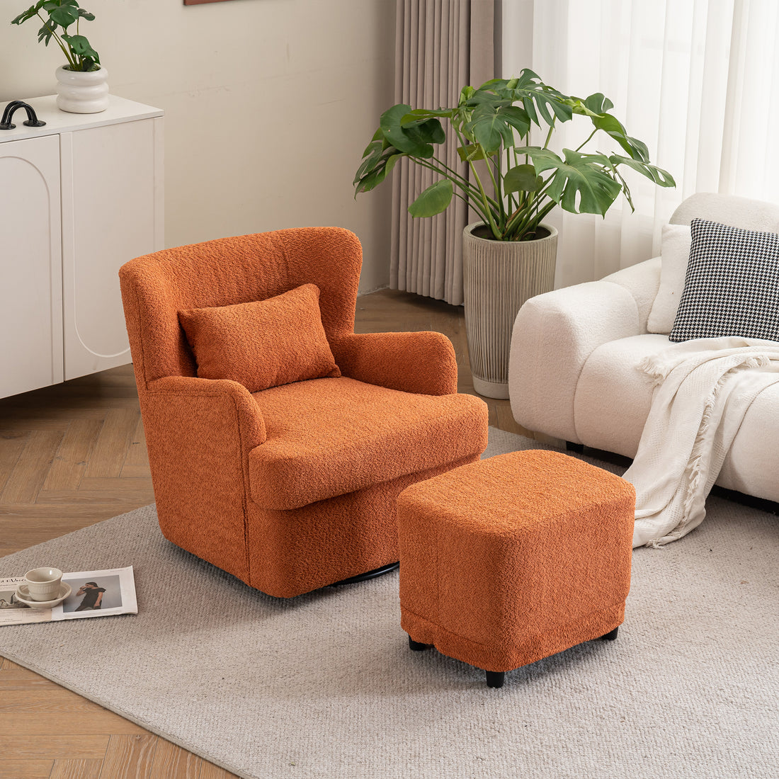 Modern Luxury Velvet Swivel Chair, 360 Swivel Comfort Round Armchair, Single Sofa Chair With Lounge Seat For Bedroom Office Reading Space, Set Of 1 ,Orange Orange Wood