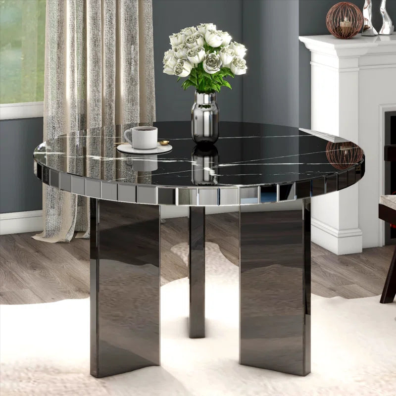 48" Round Faux Marble Mirrored Dining Table Black Mirrored Finish Desk And Hutch Dining Room Contemporary Freestanding Round Kitchen & Dining Tables Round Mdf Glass