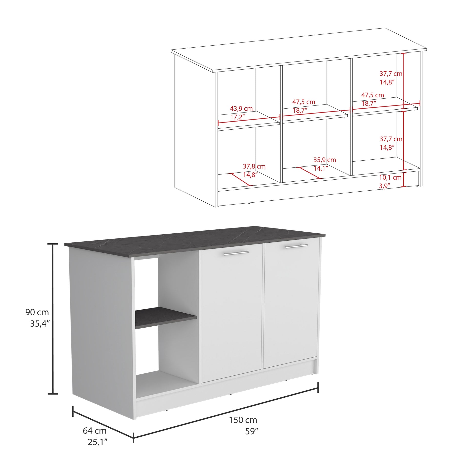 Juniper Kitchen Island With Large Top Surface, Double Door Cabinet, And Open Shelves White Onyx White Dining Room Modern Rectangular Stationary Kitchen Islands Particle Board Medium 40 55In