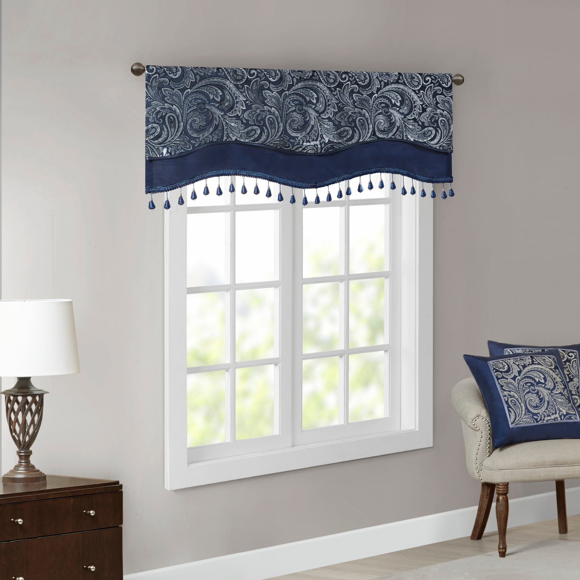 Jacquard Window Rod Pocket Valance With Beads Navy 50X18" Navy Polyester