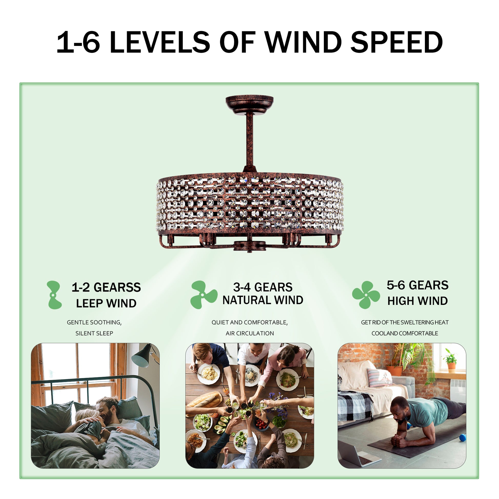 Dia 26.8 Inch Chandelier Ceiling Fan ,Crystal Shade Ceiling Fan With Remote Control,3 Abs Blade 4 Light No Include Bulb Rustic Brown American Design,American Traditional,Classic,Contemporary,Farmhouse Abs Metal