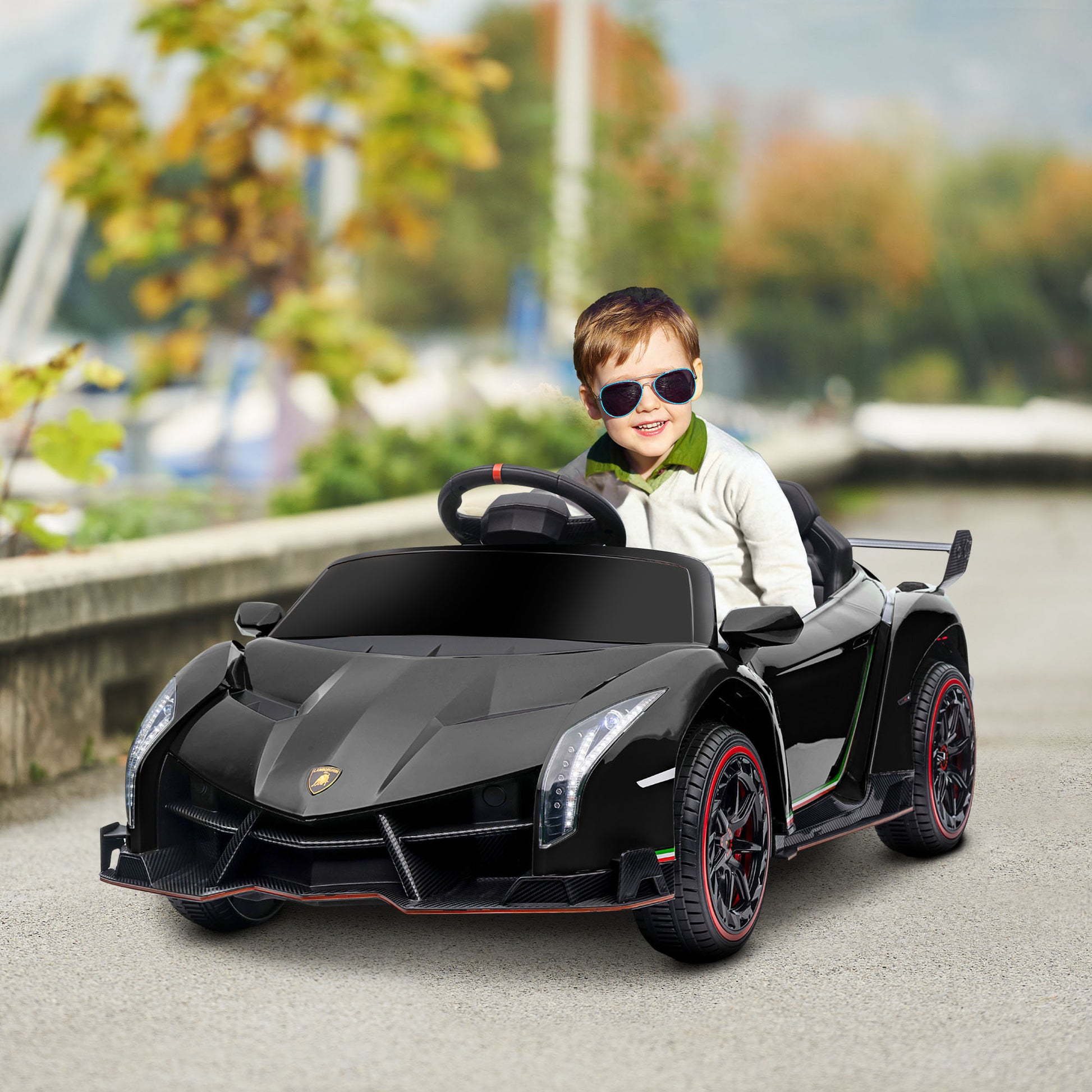 Aosom Lamborghini Veneno Licensed Kids Electric Car With Bluetooth, 12V Ride On Car With Butterfly Doors, Remote Control, Portable Battery, Suspension System, Horn, Songs, Lights, Black Black