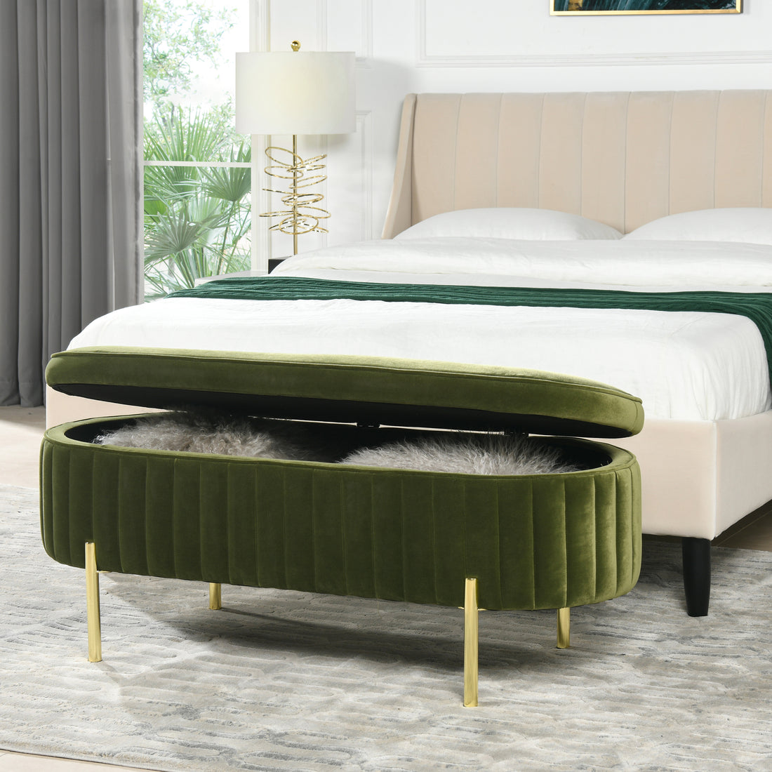 Chloe Modern Glam Storage Bench, Olive Green Performance Velvet Olive Green Foam Velvet