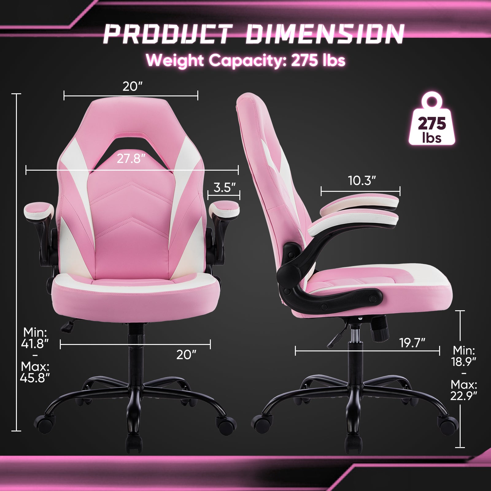 Sweetcrispy Gaming Chair Pu Leather Computer Chair Ergonomic Office Chair With Lumbar Support, Height Adjustable Rolling Desk Chairs With Flip Up Armrests Alloy Steel Pink White Bedroom Memory Foam Wipe Clean Handle Club Chair Solid Back Ergonomic Pu