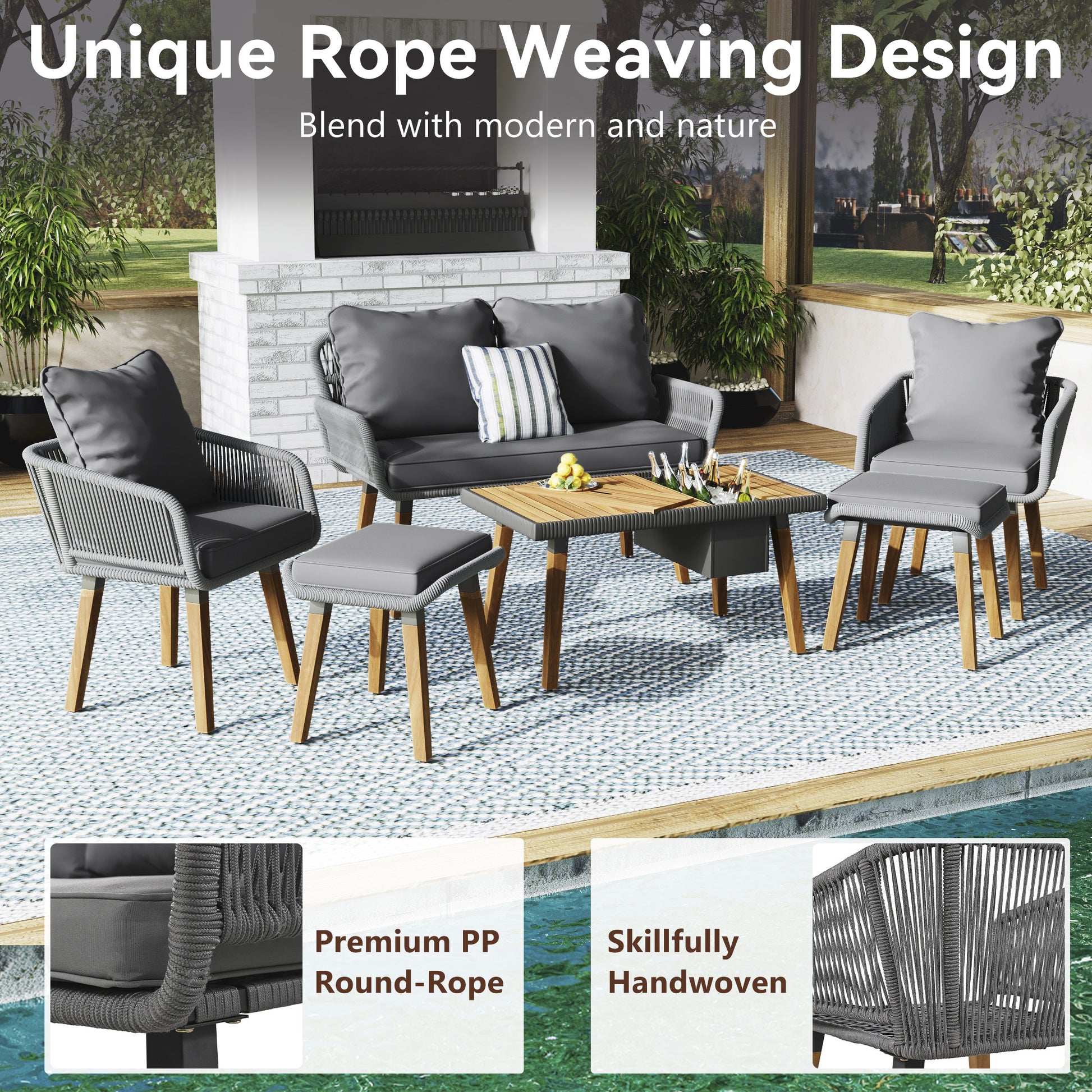 K&K 6 Piece Rope Patio Furniture Set, Outdoor Furniture With Acacia Wood Cool Bar Table With Ice Bucketdeep Seat Patio Conversation Set With Two Stools For Backyard Porch Balcony Grey Yes Complete Patio Set Grey Weather Resistant Frame Fade Resistant