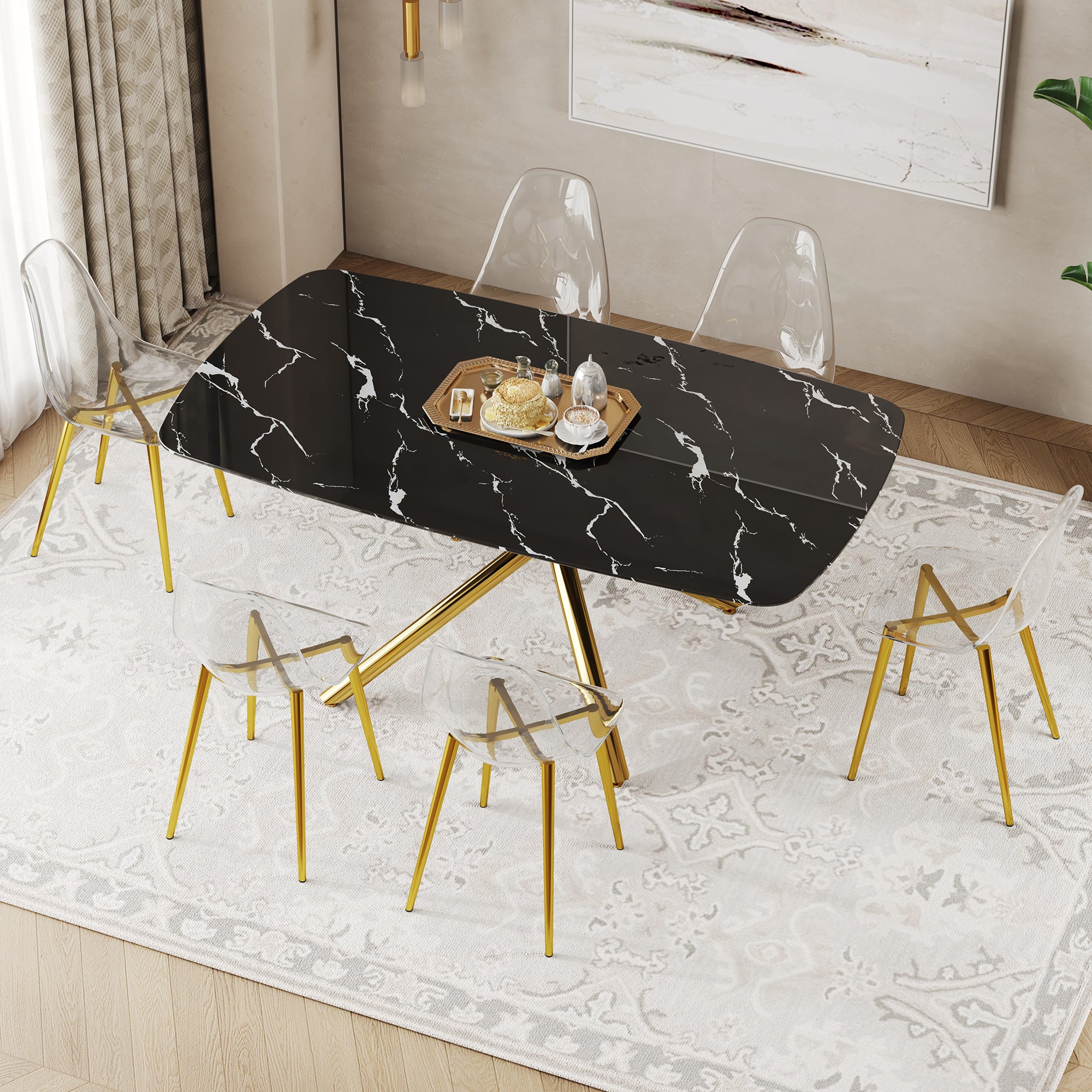 Table And Chair Set.Modern Luxurious Black Marble Patterned Tempered Glass Dining Table Set With 6 Transparent Pp Chairs.Multiple Transparent High Quality Pp Dining Chairs With Golden Legs. Gold