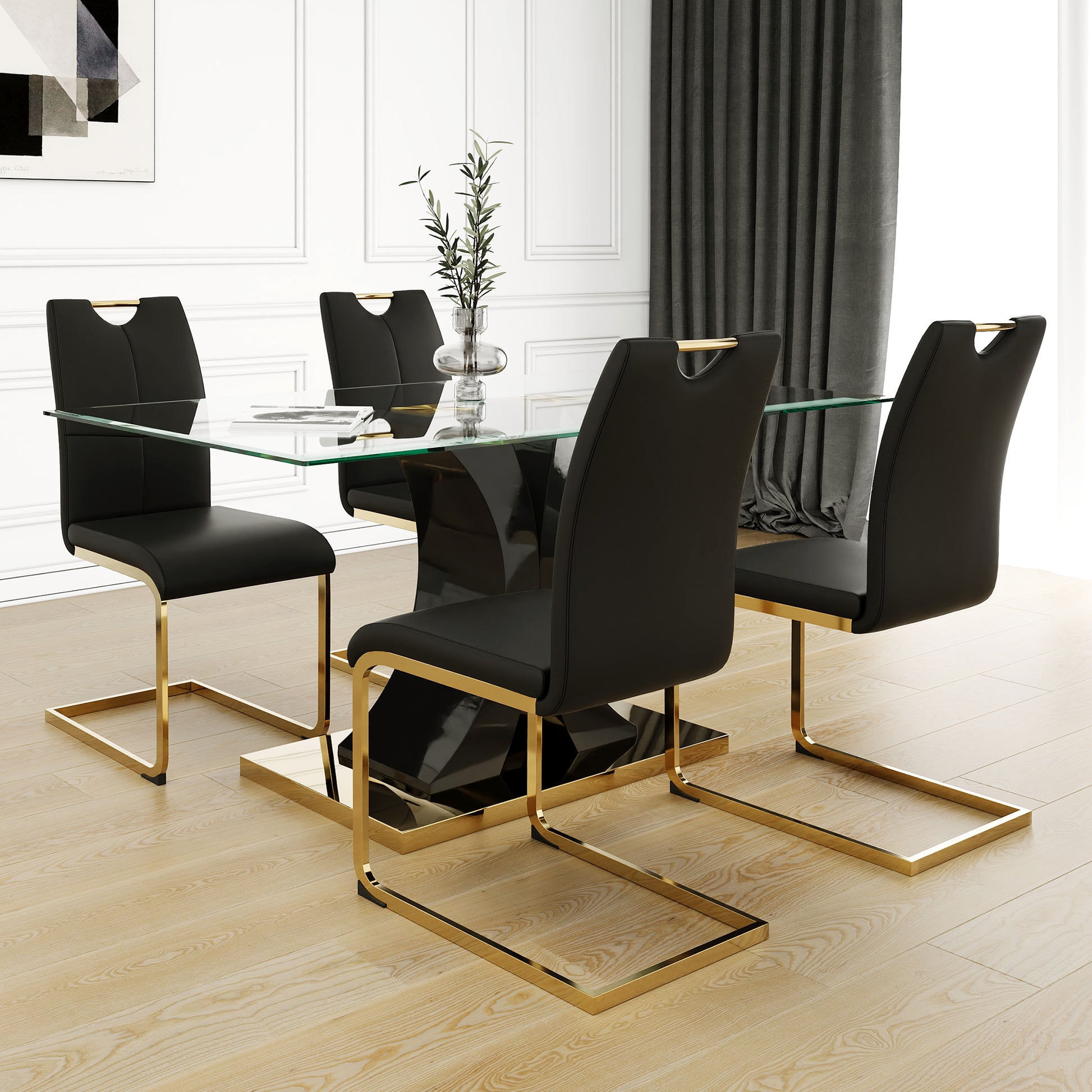 Modern Style Glass Dining Table, Elegant Transparent Design, Solid Support Base, Black Dining Chair Set, Gold Plated Chair Legs, Suitable For Restaurant Kitchen Use Set Of 5 Black Gold Seats 4 Mdf Glass