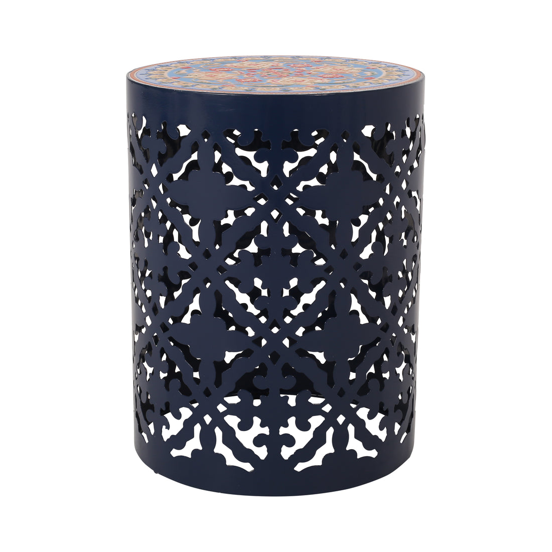 Side Table Dark Blue Rattan Metal