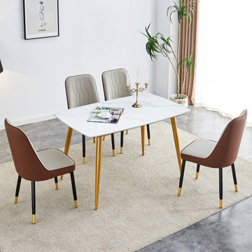 Table And Chair Set.A Morden Table With White Imitation Marble Patterned Stone Burning Tabletop With Golden Metal Legs.Paried With 4 Chairs With Pu Leather Backrest And Black Metal Legs. Grey Brown,White Gold Seats 4 Metal,Sintered Stone