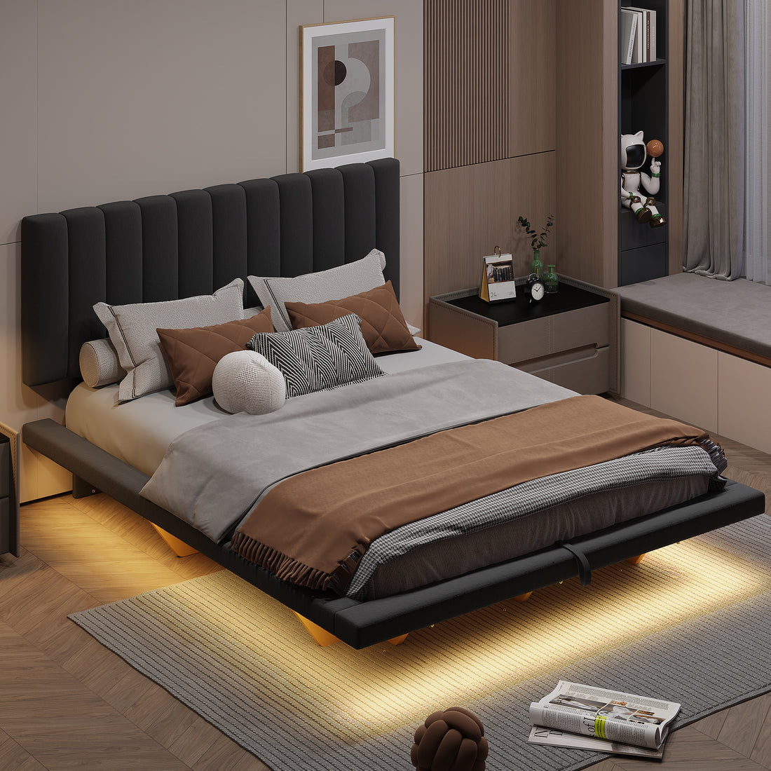 Queen Size Upholstered Floating Bed With Led Light And Usb Port, Velvet, Gray, Hydrualic Platform Bed Queen Gray Velvet