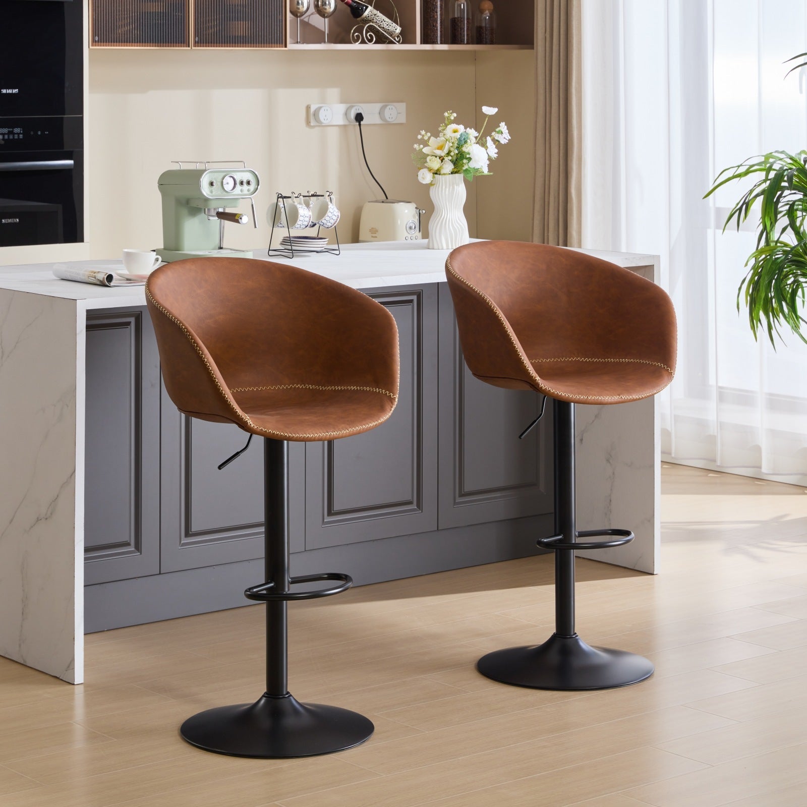 Adjustable Swivel Bar Stools, Mid Century Modern Pu Leather Upholstered Counter Height Bar Stool, Kitchen Island Barstools With Minimalism Style, 1 Chair 1Carton,Brown Brown Pu Mid Century Modern,Minimalist Bar Stools 1 Foam Pu Leather
