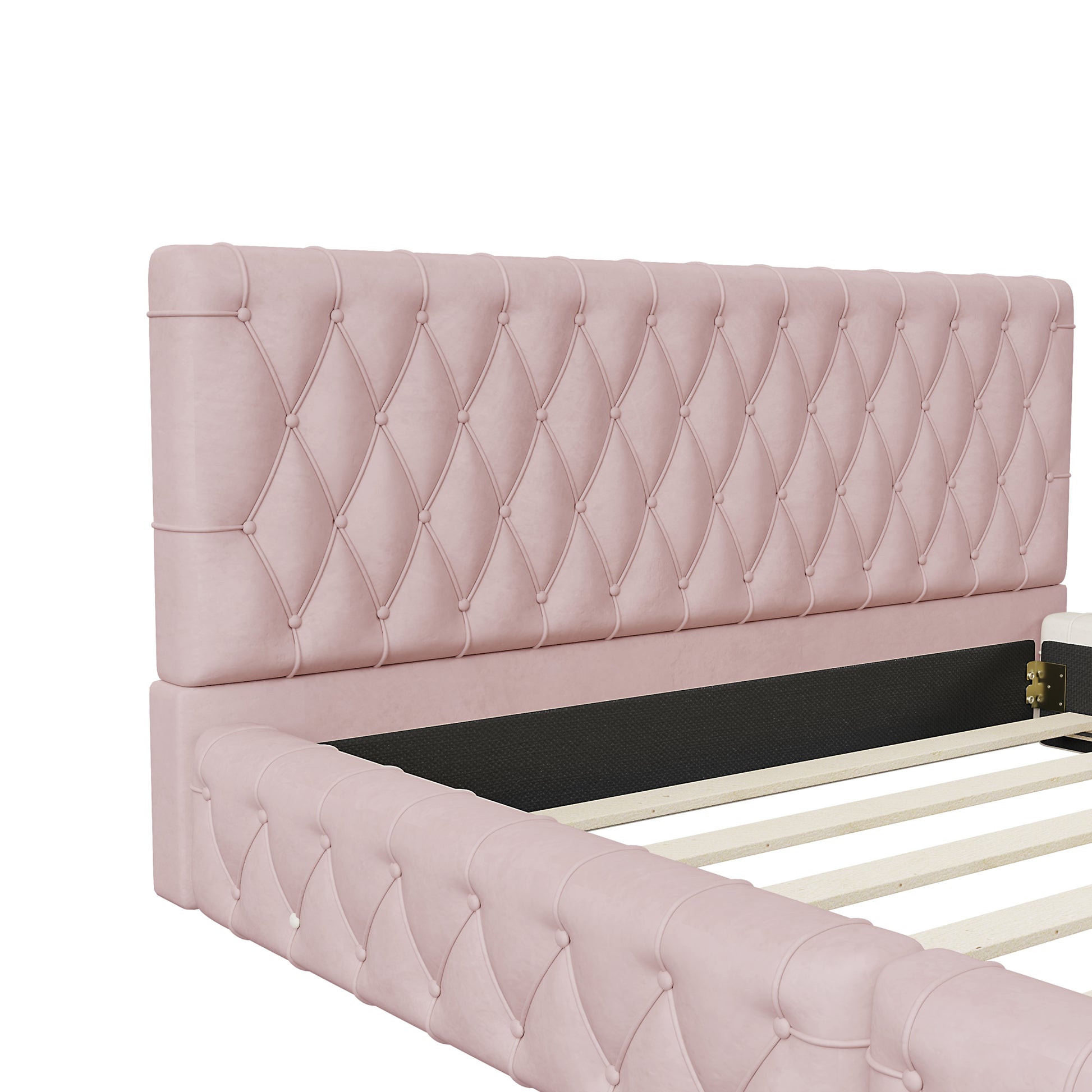 Queen Size Upholstered Bed With Tufted Headboard, Modern Velvet Platform Bedno Box Spring Required, Pink Queen Pink Solid Wood Mdf