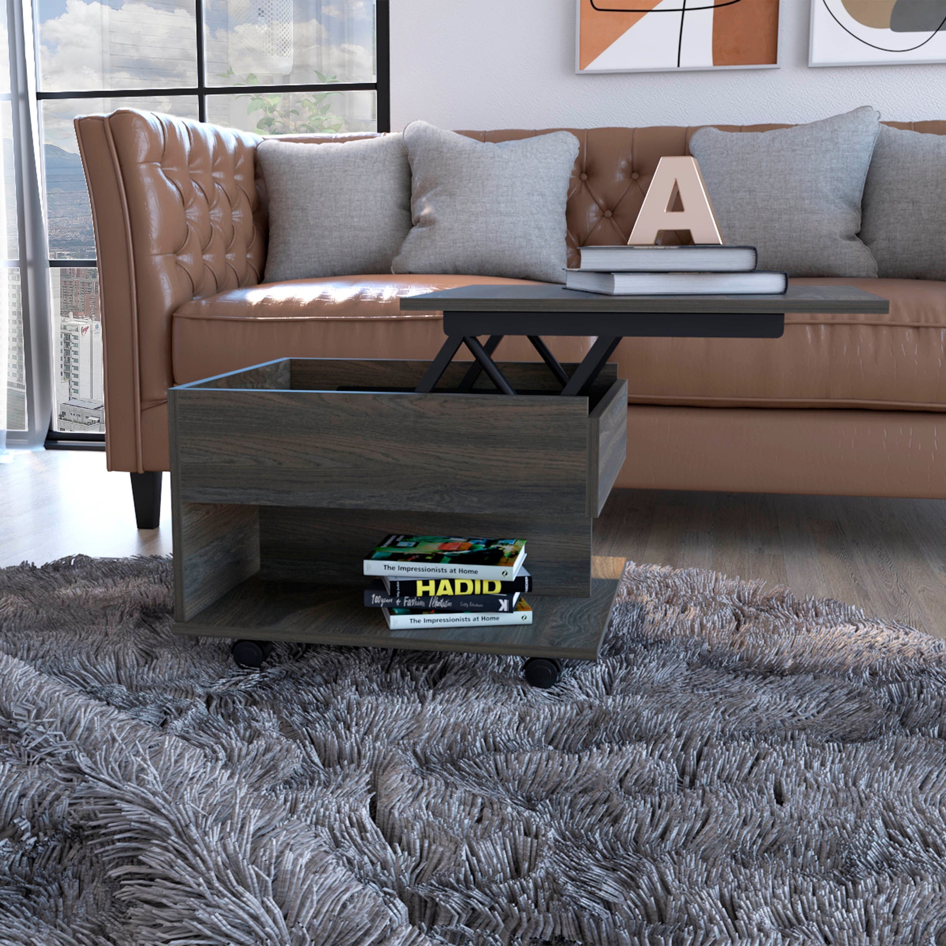 Portland Lift Top Coffee Table Brown Primary Living Space Contemporary Freestanding Pine Drawers Coffee & End Tables Rectangular Melamine Engineered Wood