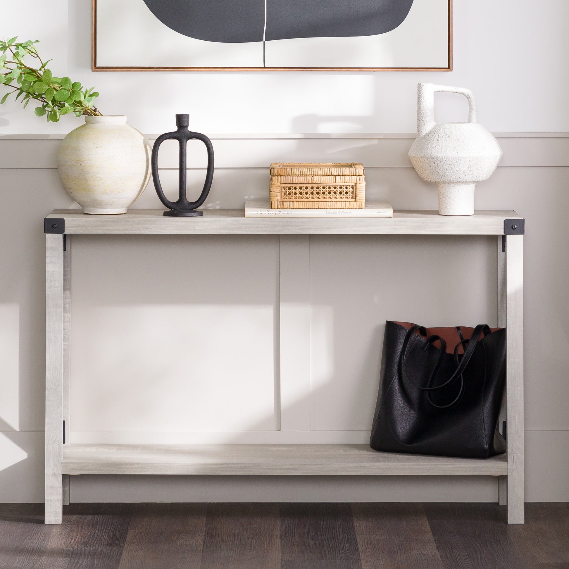 Modern Farmhouse Metal X Entry Table With Lower Shelf Stone Grey Stone Gray Mdf