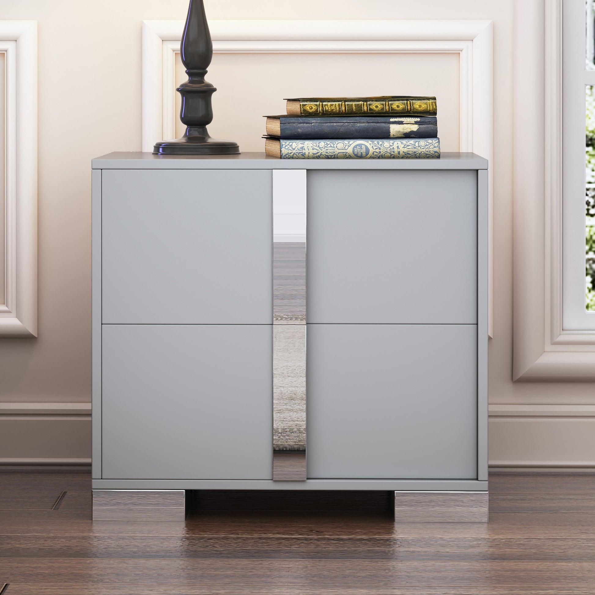 Elegant Nightstand With Metal Handle,Mirrored Bedside Table With 2 Drawers For Bedroom,Living Room,Grey Grey 2 Drawers Mdf Metal