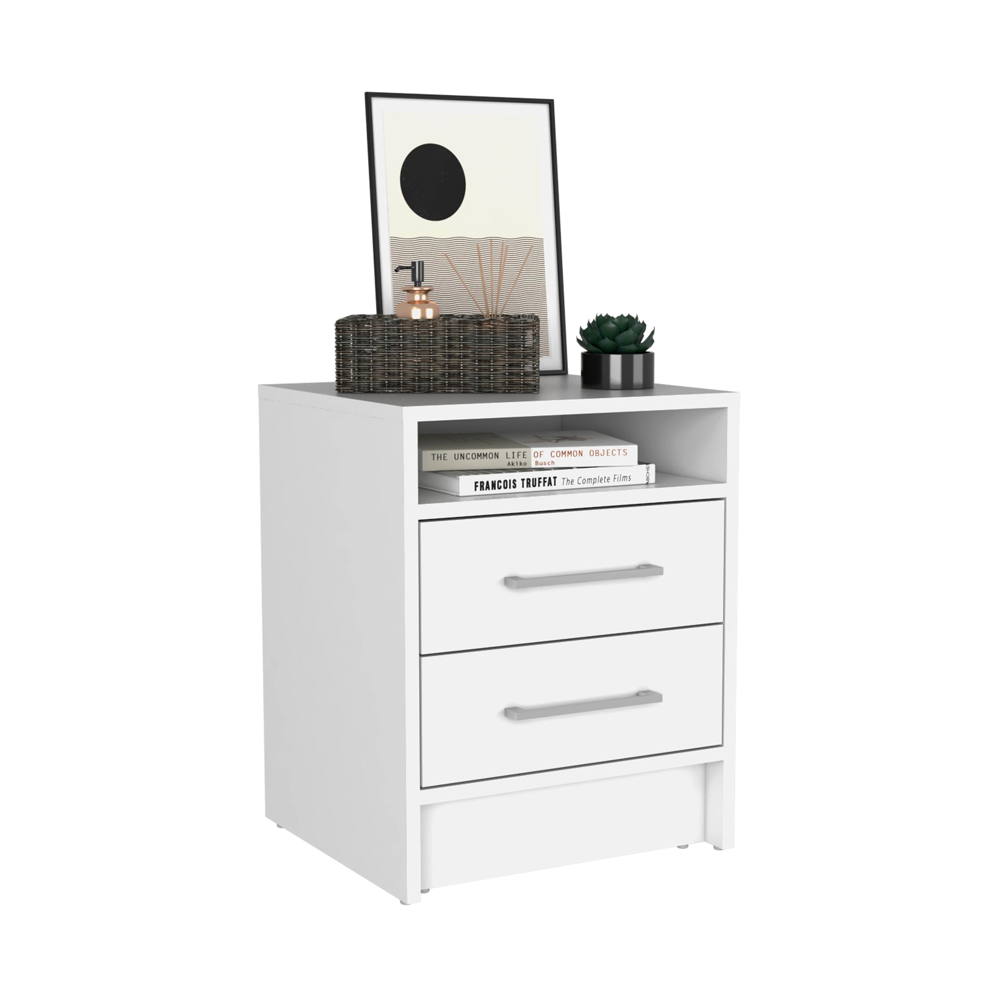 Nightstand 20"H, Two Drawers, Superior Top, Metal Handles, White White Particle Board Particle Board