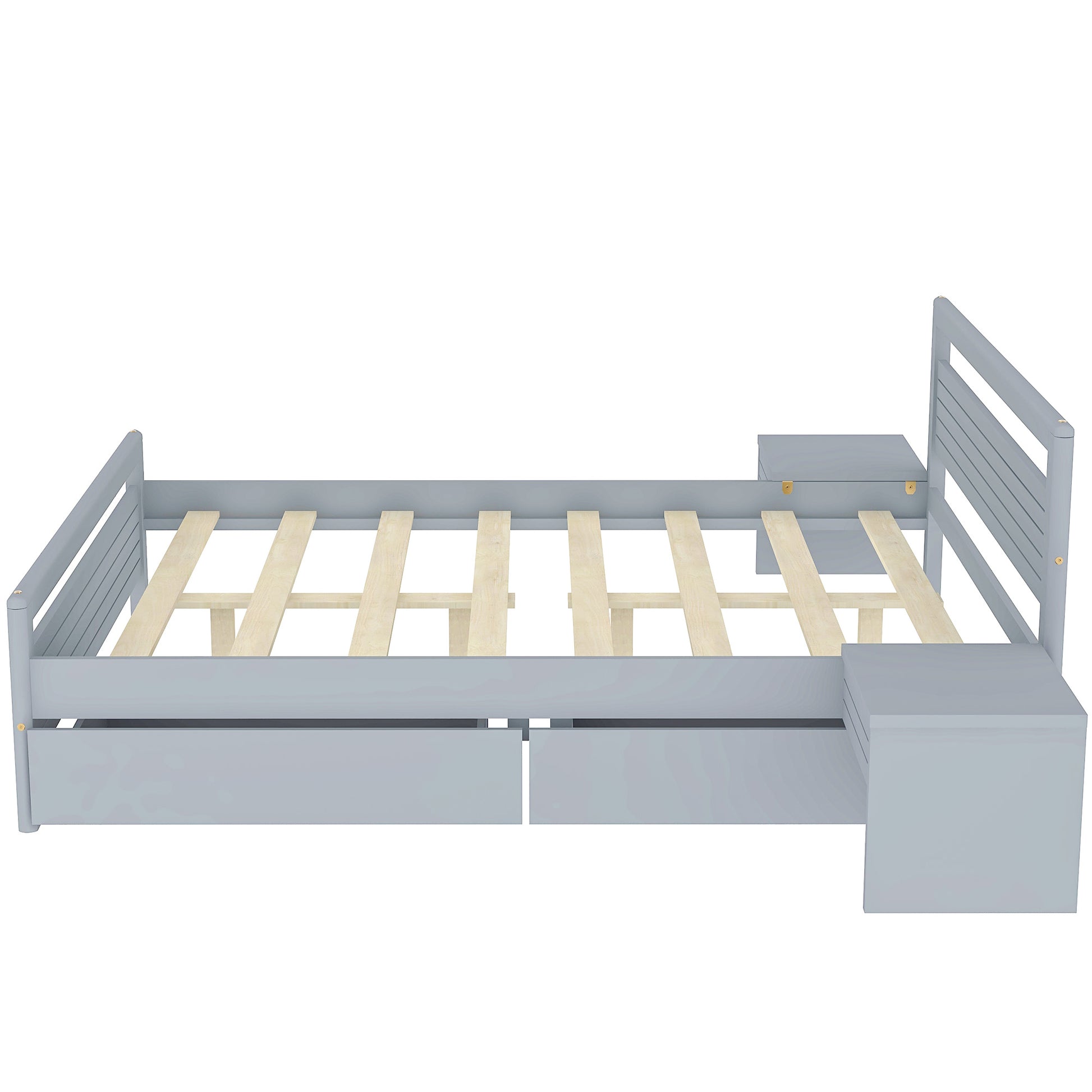 Queen Size Wooden Platform Bed With 2 Storage Drawers And 2 Bedside Tables, Gray Queen Gray Pine