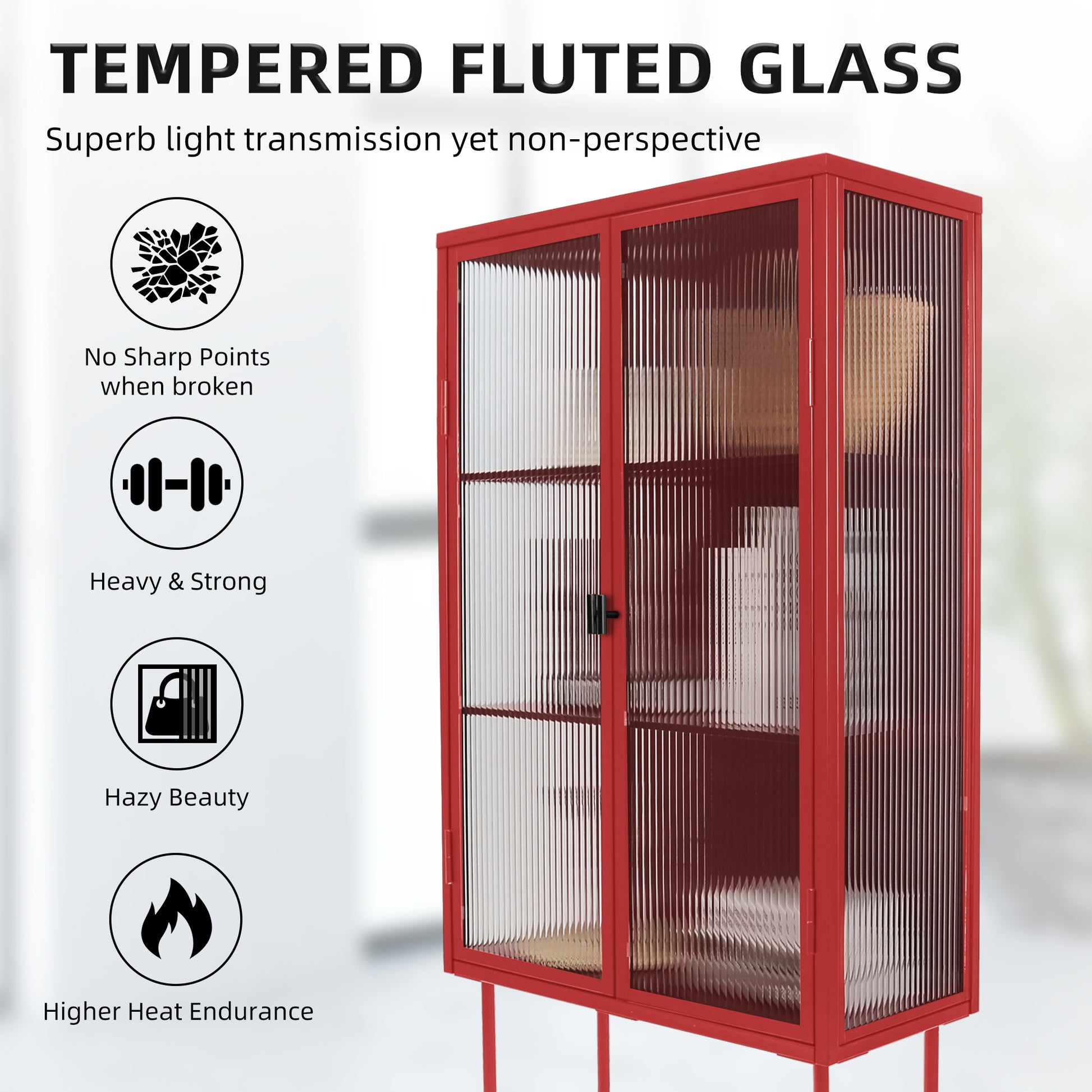 Retro Style Red Tall Freestanding Display Cupboard Stylish Fluted Glass Storage Cabinet With Glass Doors Three Detachable Shelves Bottom Space For Office Dining Room Living Room Old Sku:W68751710 Red Steel