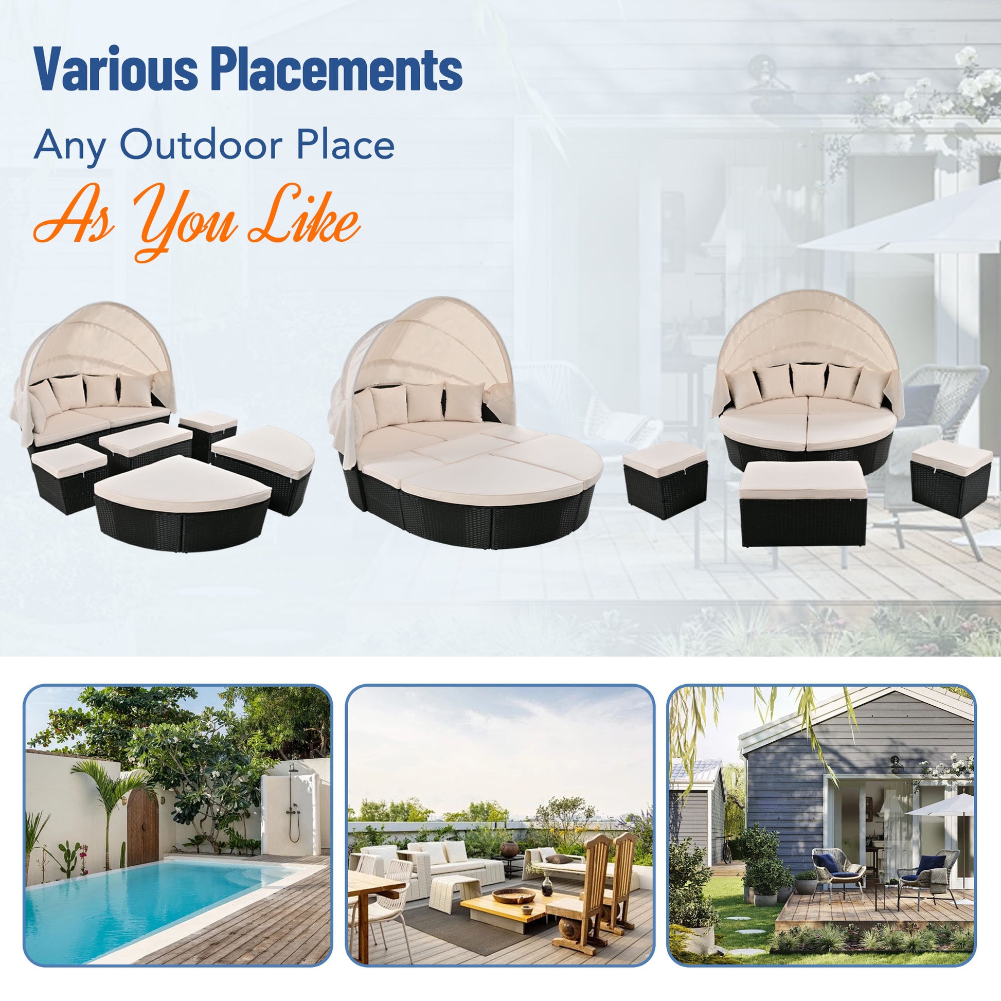 Outdoor Rattan Daybed Sunbed With Retractable Canopy Wicker Furniture, Round Outdoor Sectional Sofa Set, Black Wicker Furniture Clamshell Seating With Washable Cushions, Backyard, Porch, Beige Yes Beige Seats 8 Garden & Outdoor Foam Wicker