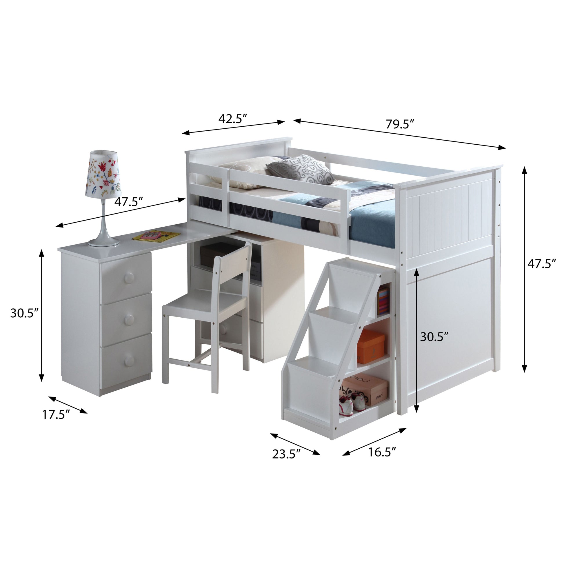 White Twin Loft Bed With Built In Desk And Chest White White Wood