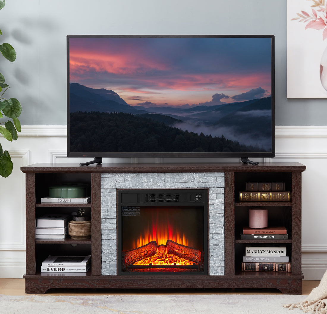 Faux Stacked Stone Tv Media Stand With Open Storage Modern Entertainment Console Space With 18" Fireplace Insert, Cherry, 58.31"W*15.39"D*26.06"H Cherry 60 69 Inches Mdf