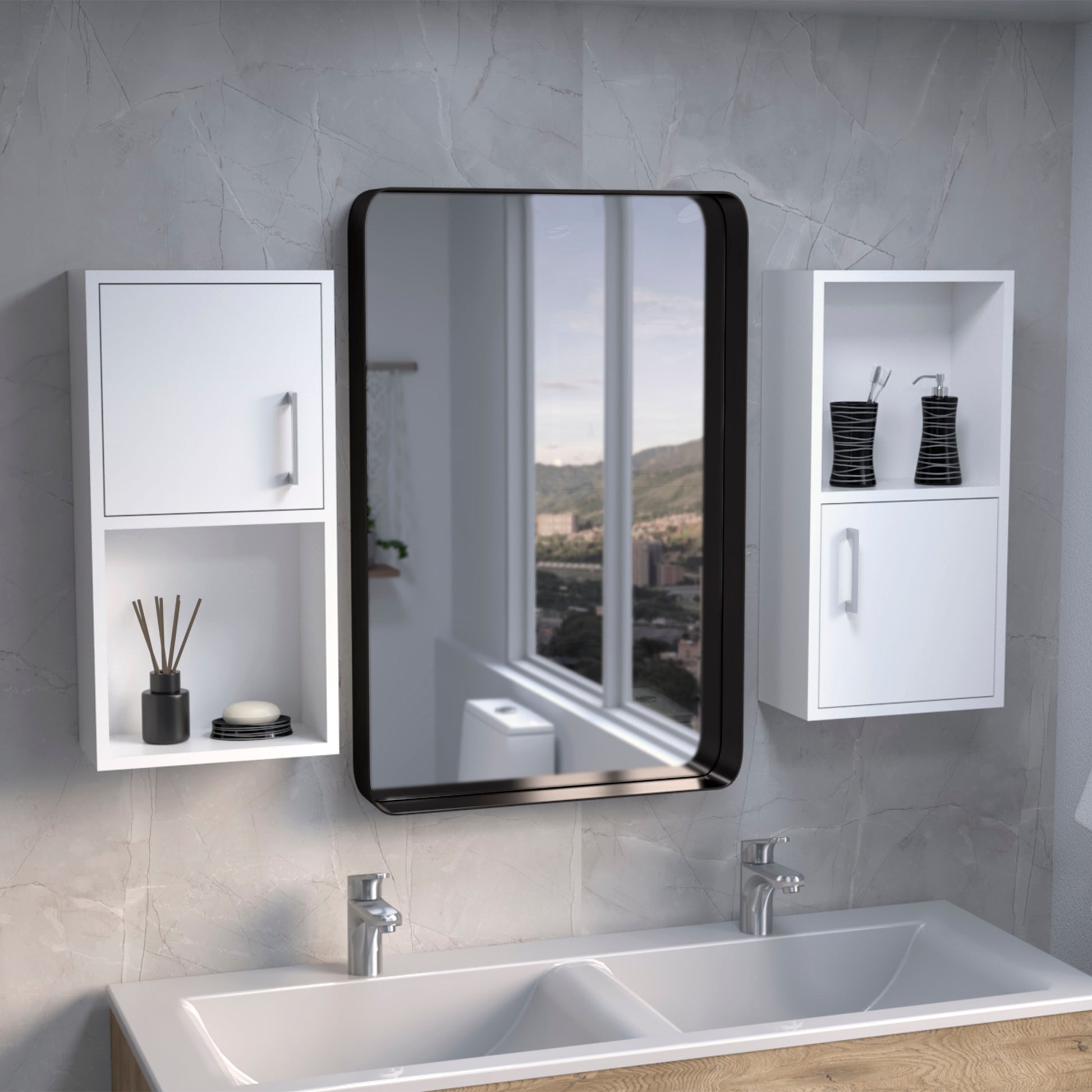 Wall Mounted Bathroom Medicine Cabinet Eak 24" Htwo Doors, Two Shelves,White White Solid Wood Mdf Engineered Wood